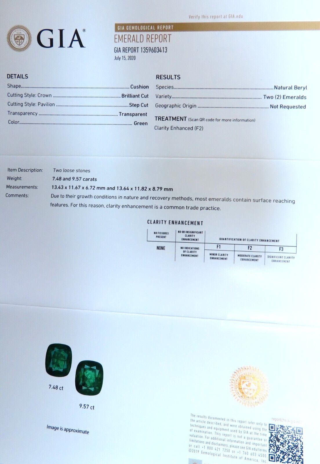 Halo Prime Classic-Cluster.

7.48 & 9.57ct. Natürliche (2) Smaragde

GIA zertifiziert #1359603413

Smaragde: Kissen mit Brillantschliff.

Transparenter & gleichmäßiger Grünton, Bewertung F2

Bereich: 13,53 x 11,67 x 6,72 & 13,64 x 11,67 x