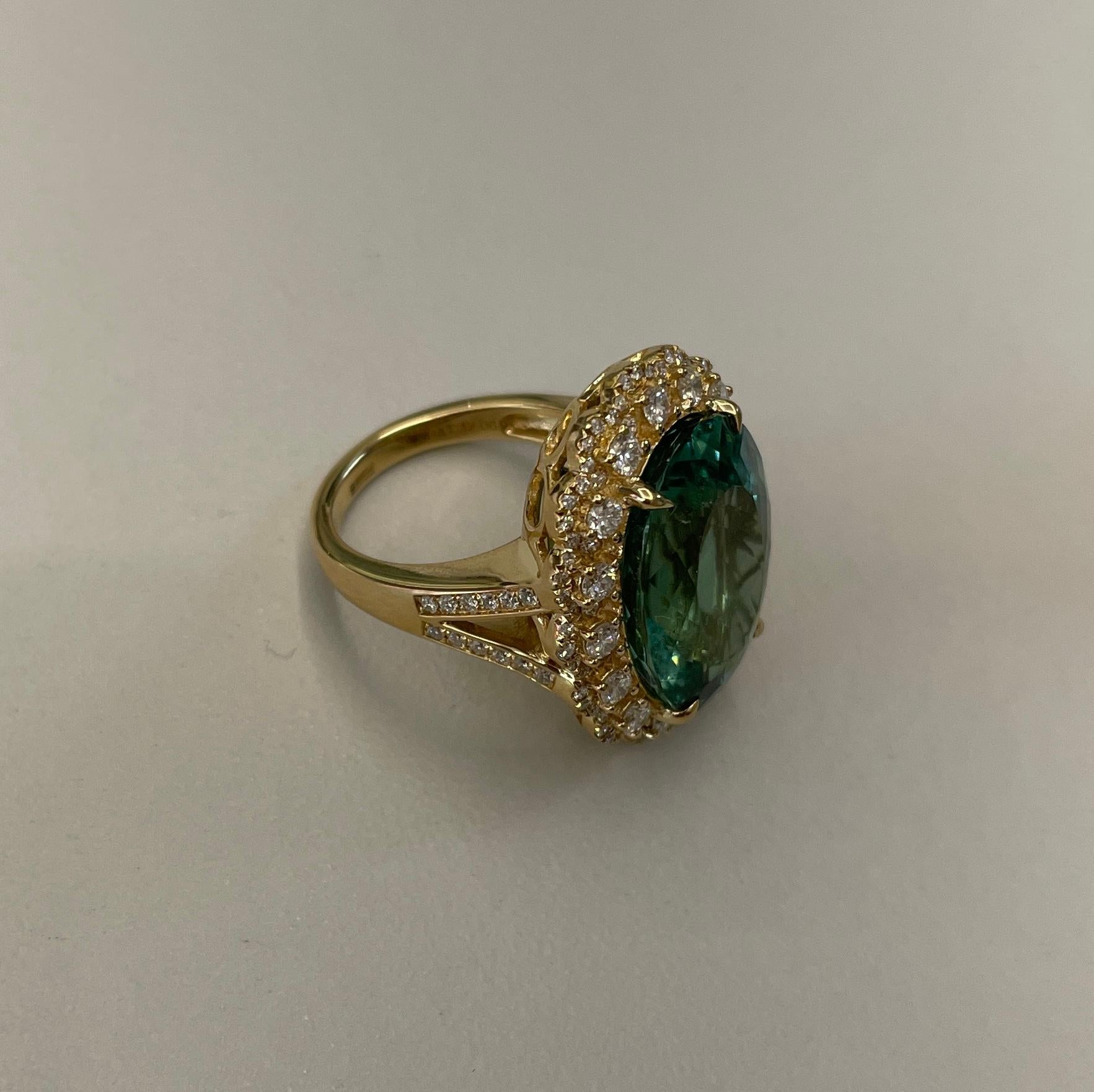 GIA Certified 17.06 Cts Paraiba Tourmaline sets in 18K Yell gold & Diamond Ring For Sale 2