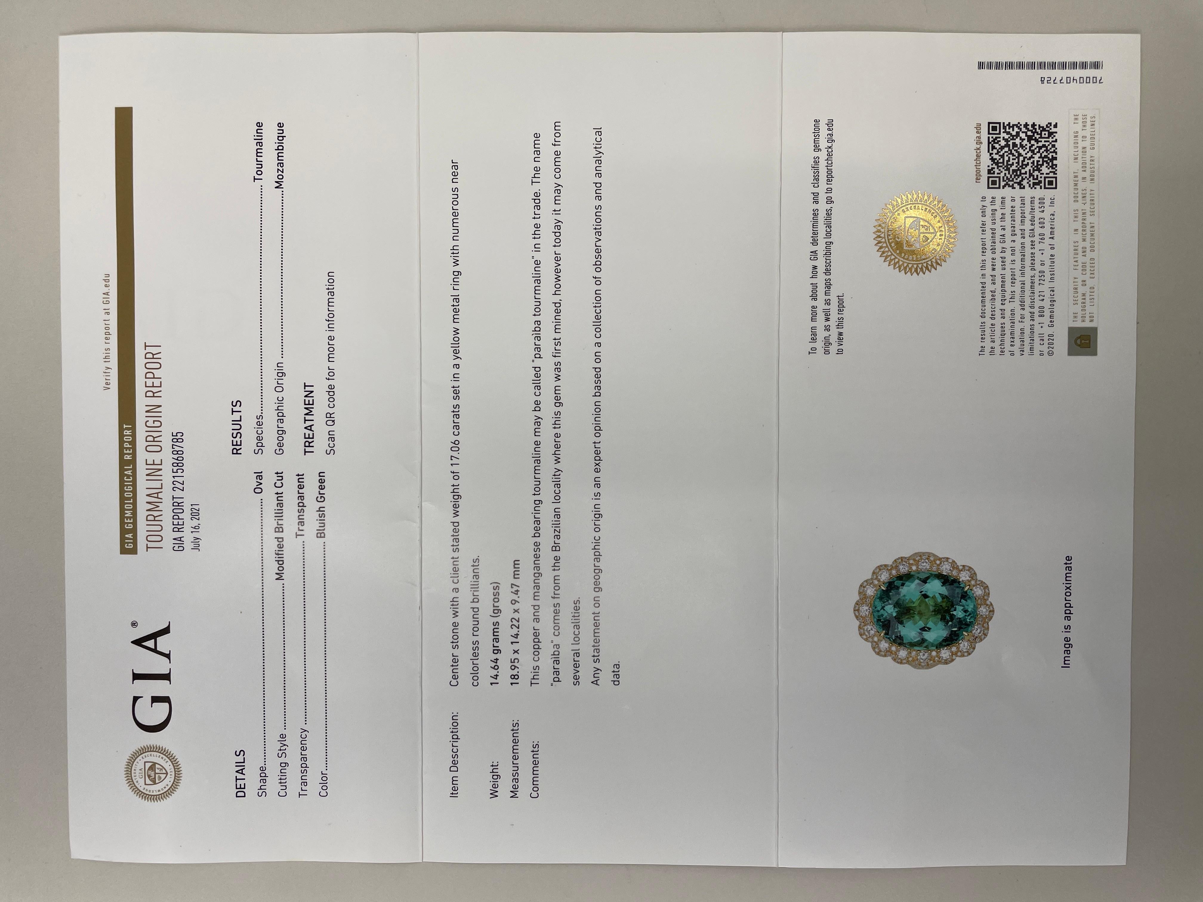 GIA Certified 17.06 Cts Paraiba Tourmaline sets in 18K Yell gold & Diamond Ring For Sale 4