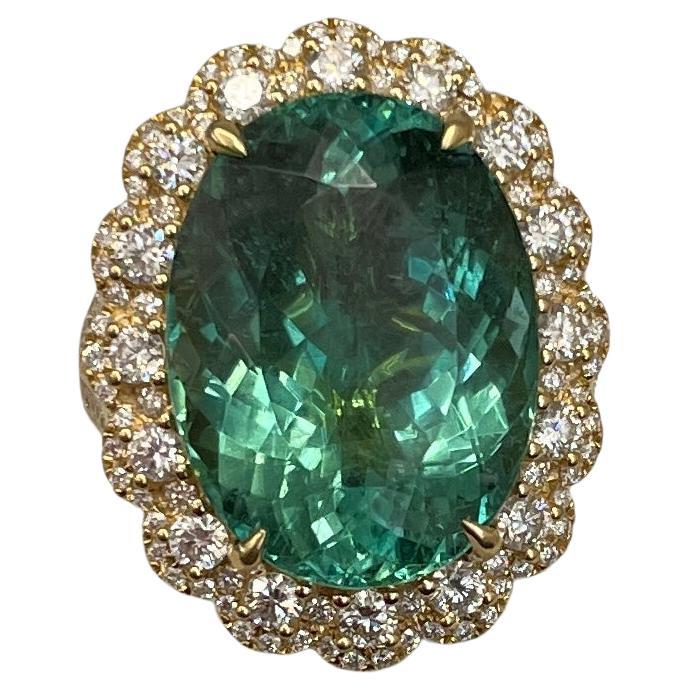 GIA Certified 17.06 Cts Paraiba Tourmaline sets in 18K Yell gold & Diamond Ring  For Sale