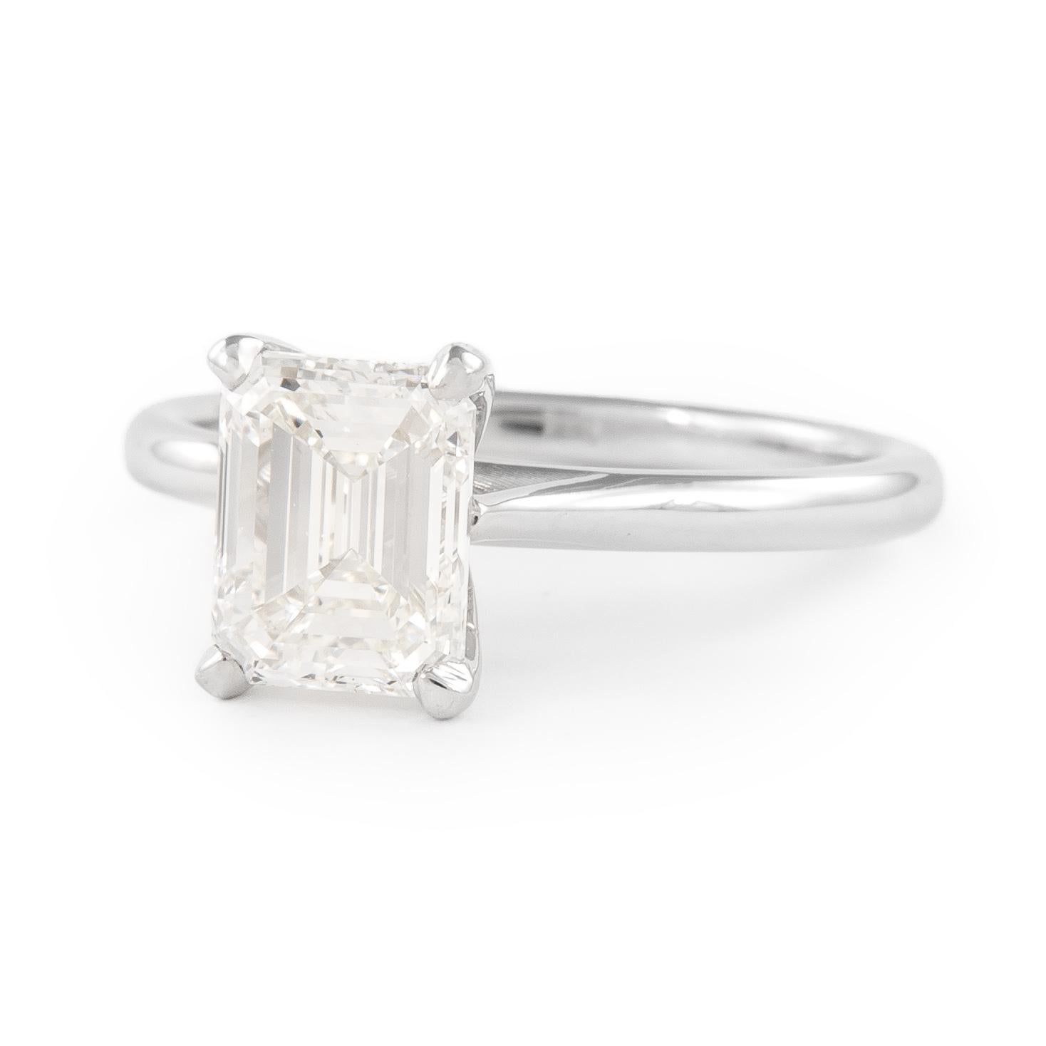 Contemporary GIA Certified 1.70ct Emerald Cut I VS1 Diamond Engagement Ring White Gold For Sale