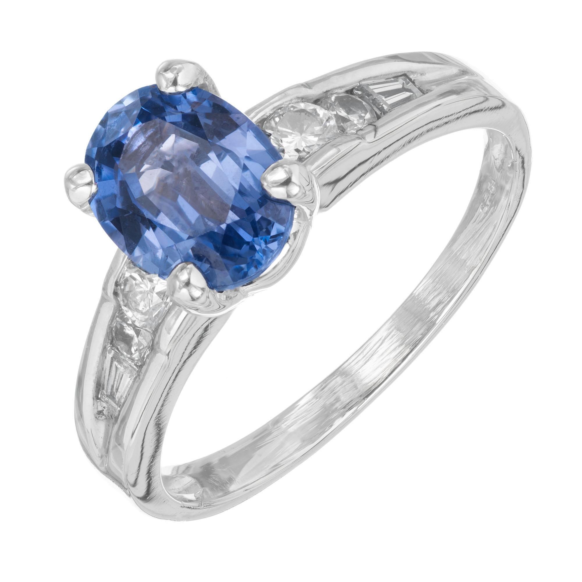 GIA certified natural no heat oval and diamond engagement ring. 1.71ct oval center stone with accent diamonds set in a 18k white gold setting.  

1 oval bright blue Sapphire, approx. total weight 1.71cts, natural no heat, 8.14 x 6.12mm, GIA