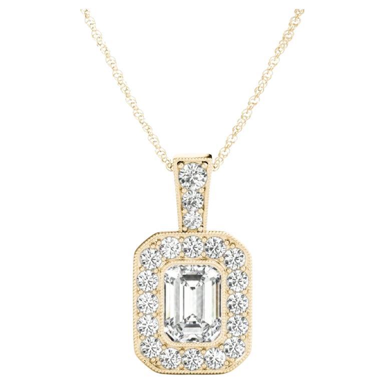 GIA Certified 1.71 Carat Emerald Cut Diamond Milgrain Halo Gold Pendant