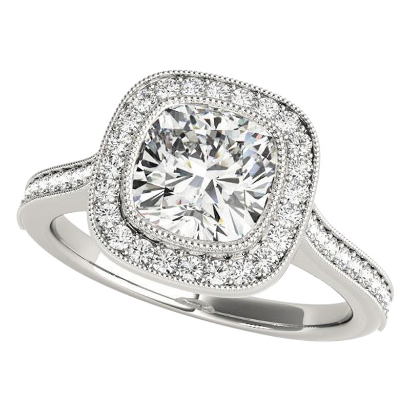 GIA Certified 1,71 Carati Halo Cushion Cathedral Milgrain Platinum Diamond Ring