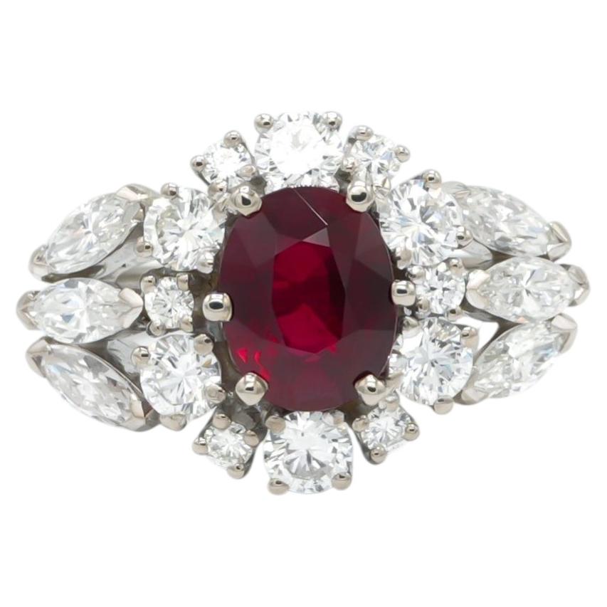 GIA Certified 1.71 Carat Natural Oval Cut Ruby & Diamond Halo Cocktail Ring