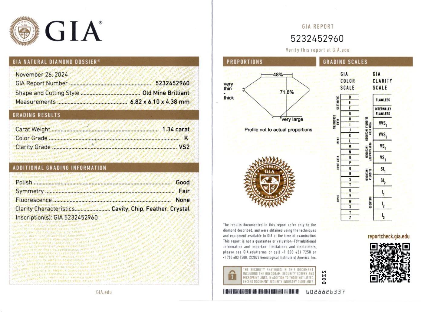 Women's GIA Certified 1.34 Carat Old Mine Cut Diamond Ring with Tapered Baguettes For Sale