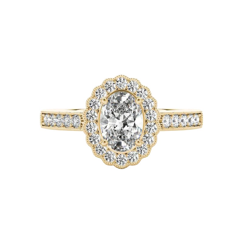 GIA Certified 1,71 Carat Oval Halo Openwork Pave Anello con diamanti in oro giallo 18K