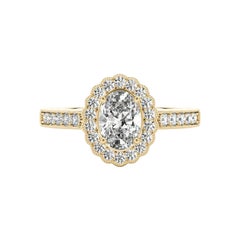 GIA Certified 1,71 Carat Oval Halo Openwork Pave Anello con diamanti in oro giallo 18K