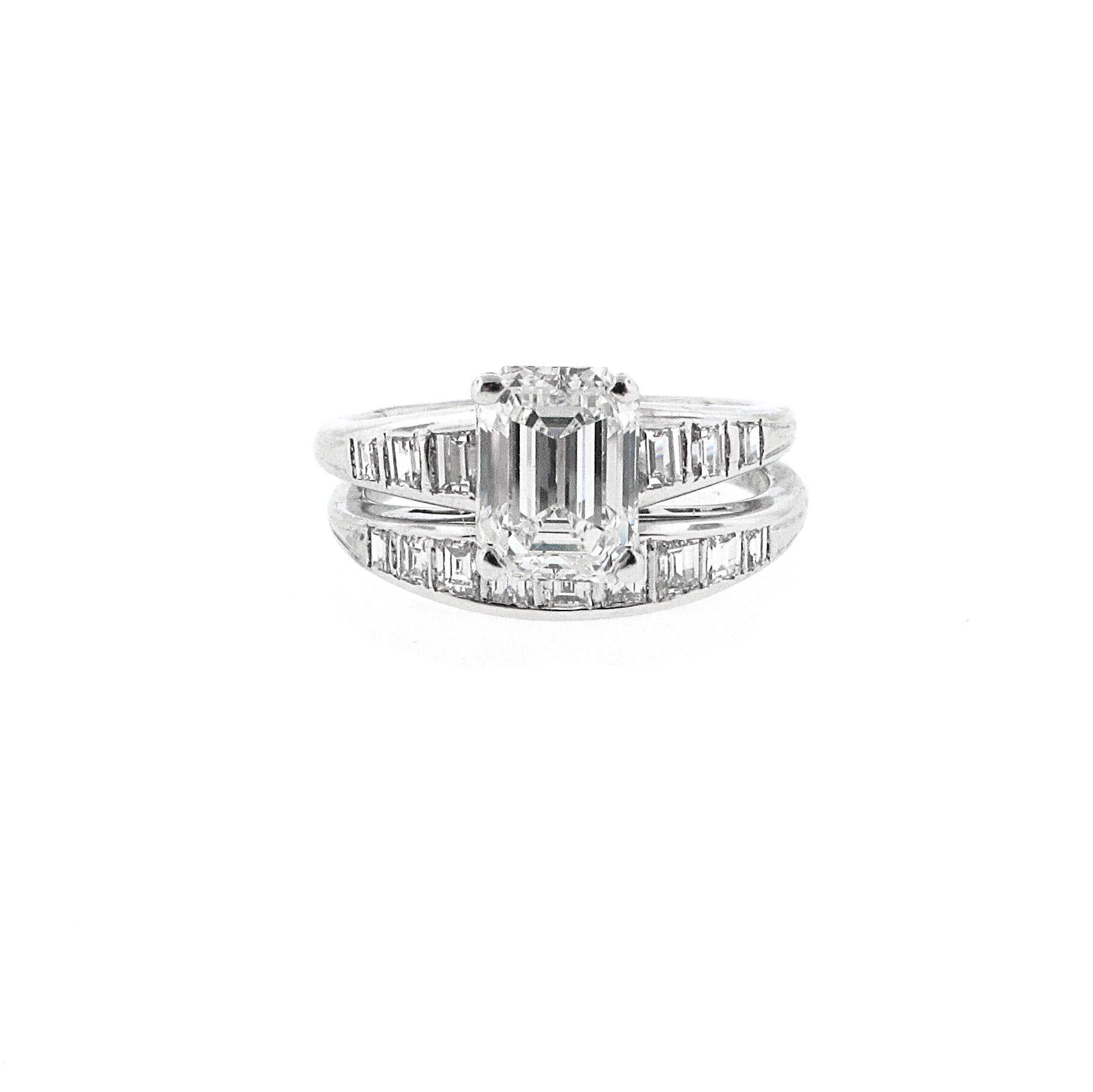 Looking for the greatest match of a wedding band an engagement ring ever? Look no further! This is a really unique emerald cut because rather than being sharp at the corners, it is softer. The center stone is a very high quality H Color with a VS2