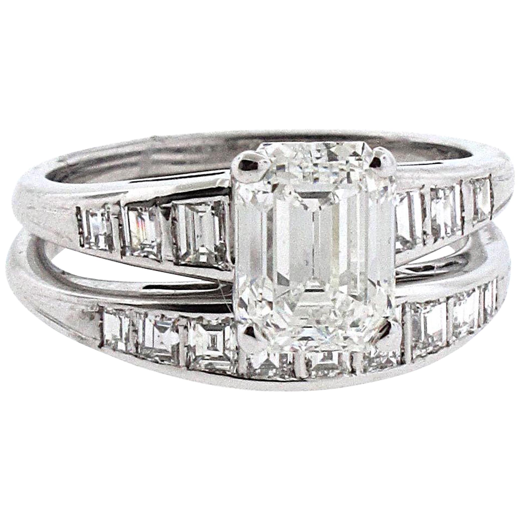 GIA Certified 1.71 H-VS2 Emerald Cut Diamond Engagement Ring with Matching Band