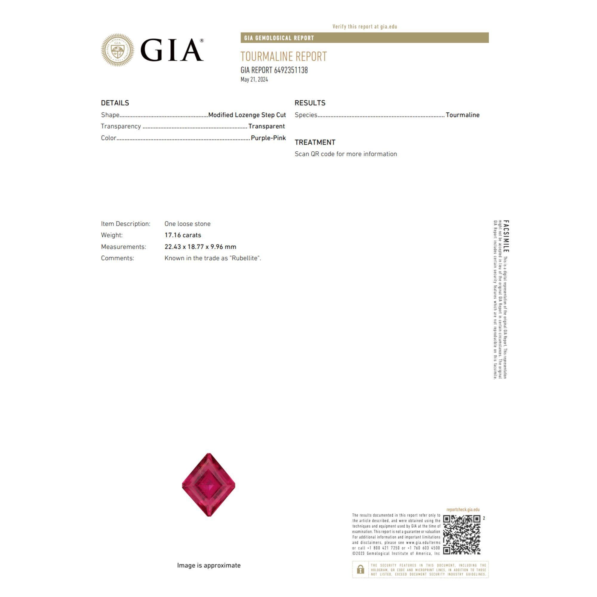 Taille brillant Bague en tourmaline rouge rubellite taille losange de 17,16 carats certifiée GIA en vente