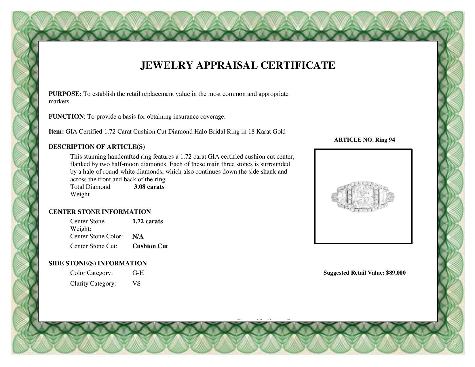 GIA Certified 1.72 Carat Cushion Cut Natural Diamond Ring in 18 Karat Gold ref94 For Sale 2