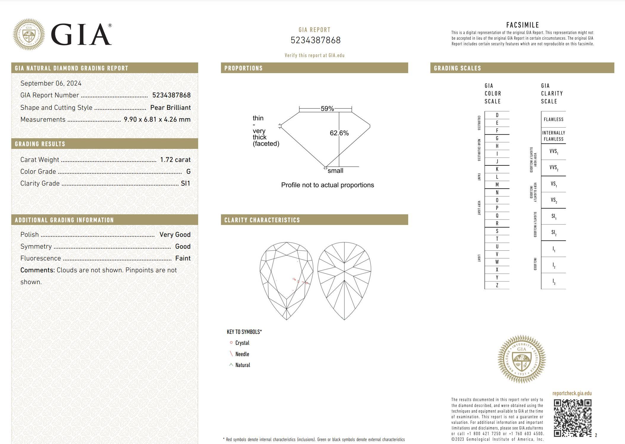 GIA Certified 1.72 Carat G SI1 Pear Shape Natural Diamond Engagement Ring In Excellent Condition For Sale In  Baltimore, MD