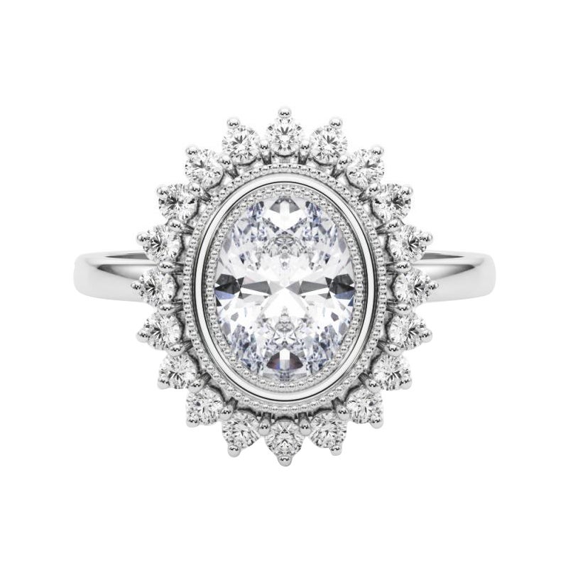 Anello di diamanti in platino con fiore d'epoca e cluster ovale da 1.72 carati certificato GIA