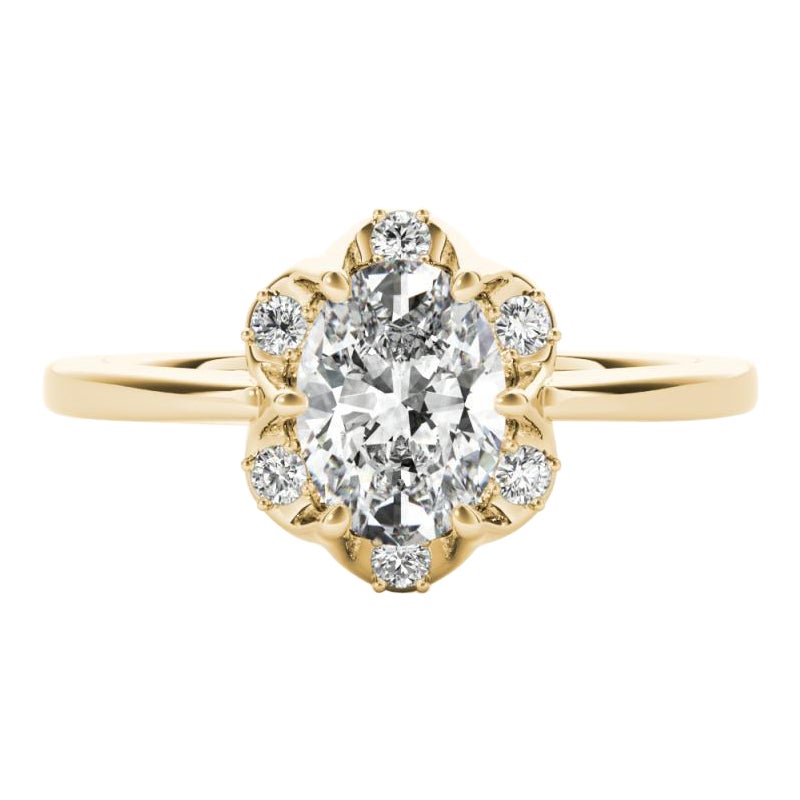 GIA Certified 1,72 Carat Oval Raindrop Tulip Anello con diamanti in oro giallo 18K in vendita