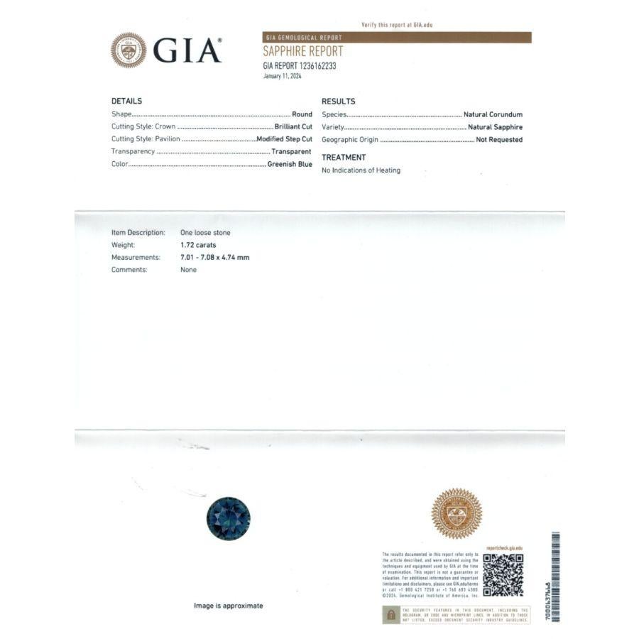 Introducing a natural Unheated Greenish Blue Sapphire weighing 1.72 carats, accompanied by a GIA Report for authenticity. The round-shaped gem, measuring 7.01 x 7.08 x 4.74 mm, features a Brilliant/Step cut, combining faceted brilliance with