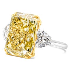 GIA Certified 17.25 Carats Radiant Cut Yellow Diamond Three-Stone Wedding Ring