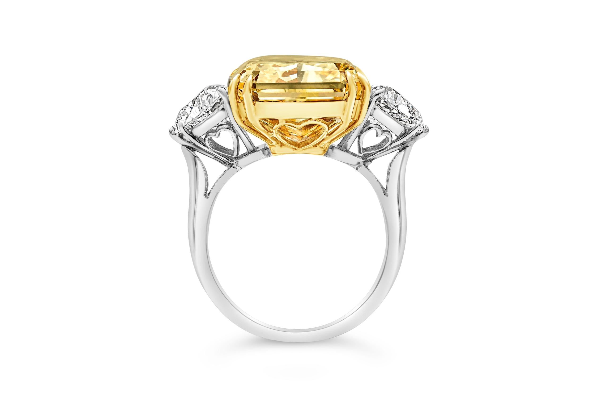 Contemporary GIA Certified 17.25 Carat Intense Yellow Diamond Three-Stone Engagement Ring For Sale