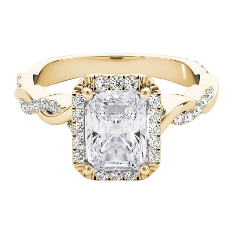 GIA Certified 1.73 Carat Braided Band Radiant Halo Yellow Gold Diamond Ring For Sale