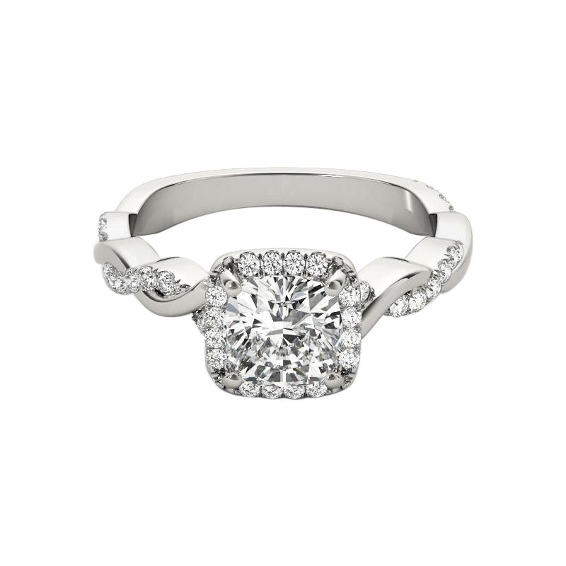 Anillo de diamantes en platino con halo de cojín cuadrado y banda trenzada de 1,73 quilates con certificación GIA