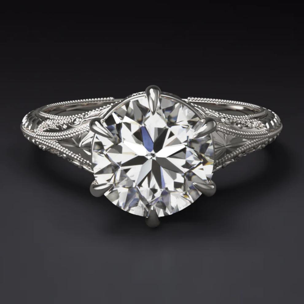 Women's or Men's GIA Certified 1.73 Carat Round Cut Diamond Art Deco Style 14K White Gold Ring