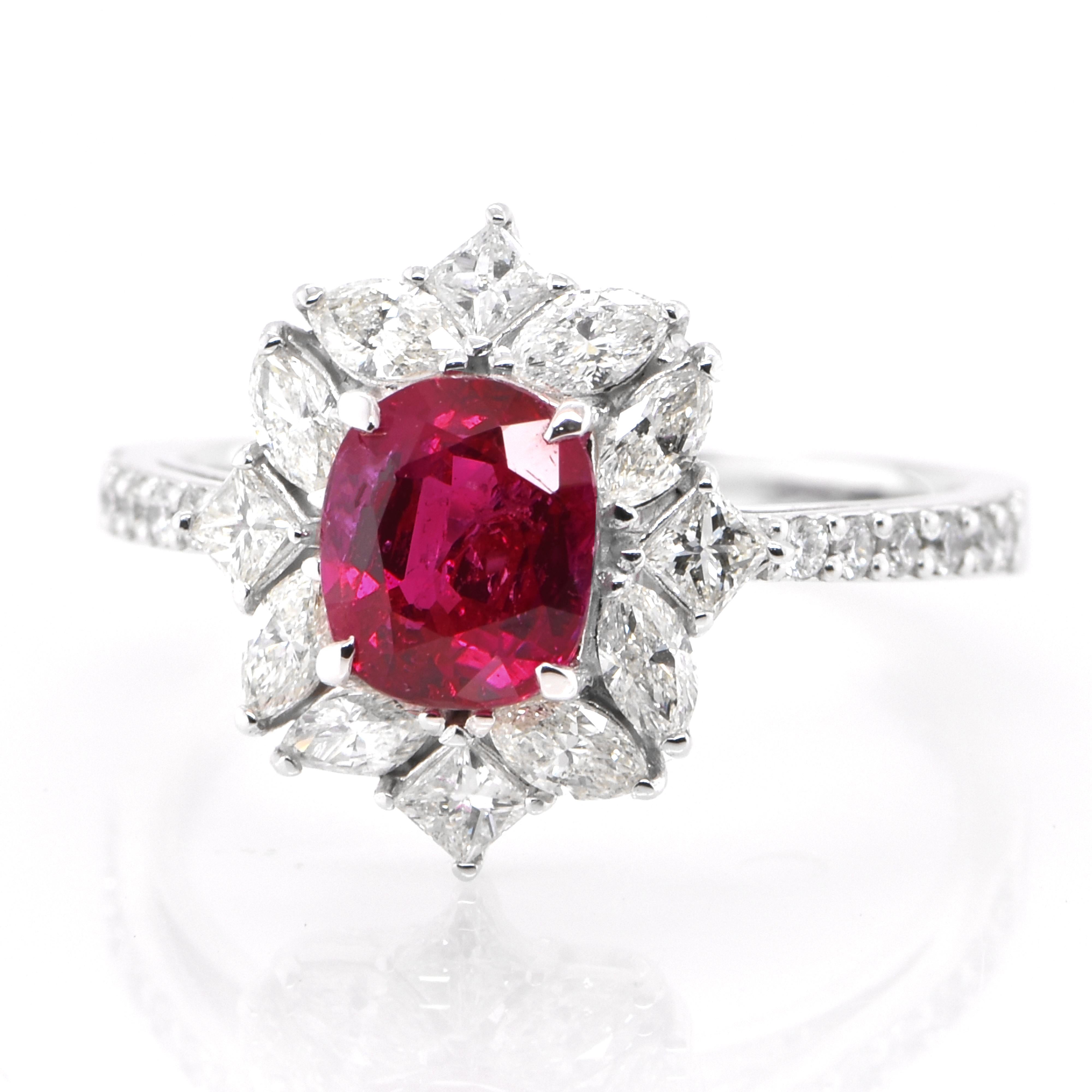 A beautiful Ring set in Platinum featuring a GIA Certified 1.73 Carat Natural Burmese, Untreated (Unheated) Ruby and 0.78 Carat Diamonds. Rubies are referred to as 