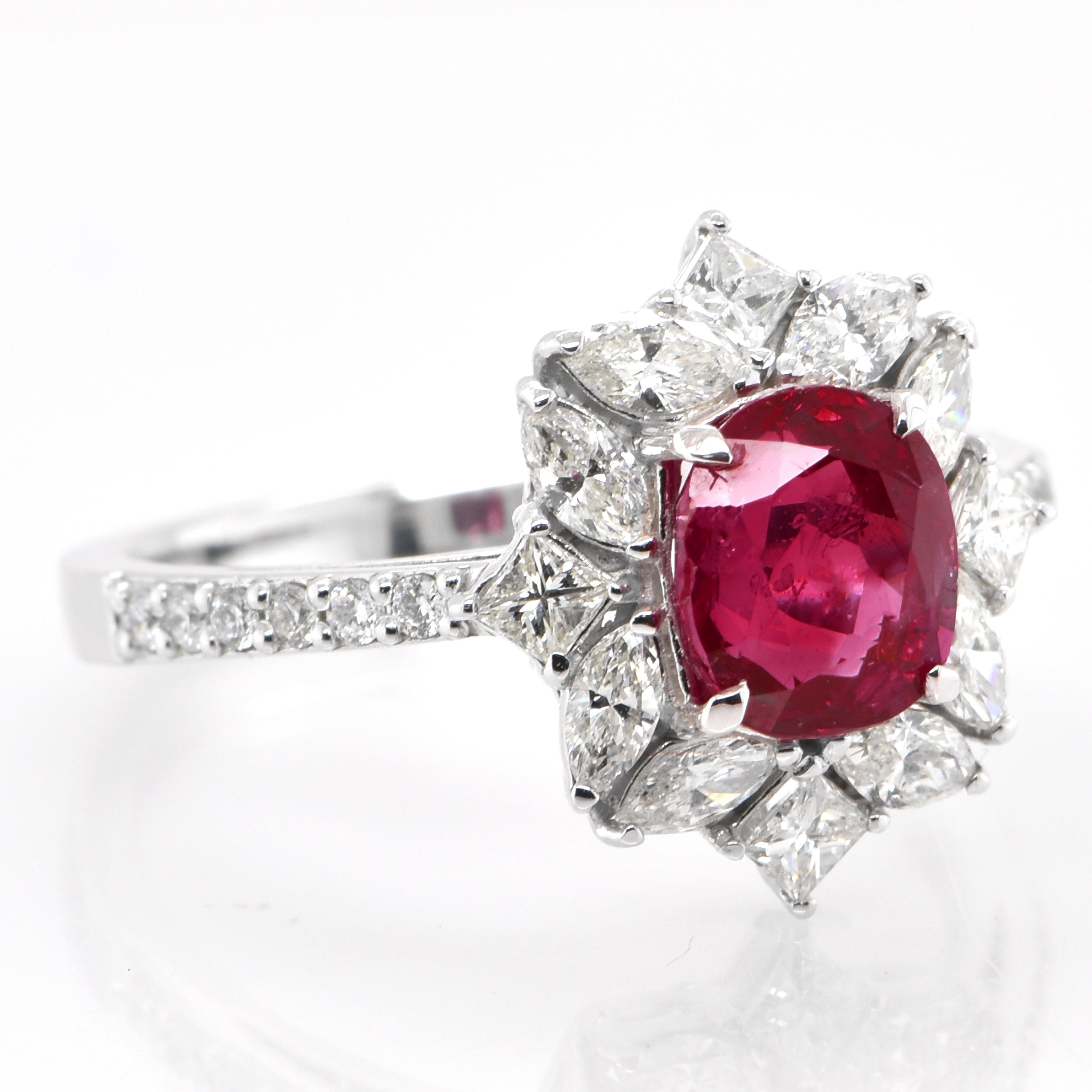 Modern GIA Certified 1.73 Carat, Unheated, Burmese Ruby & Diamond Ring set in Platinum For Sale
