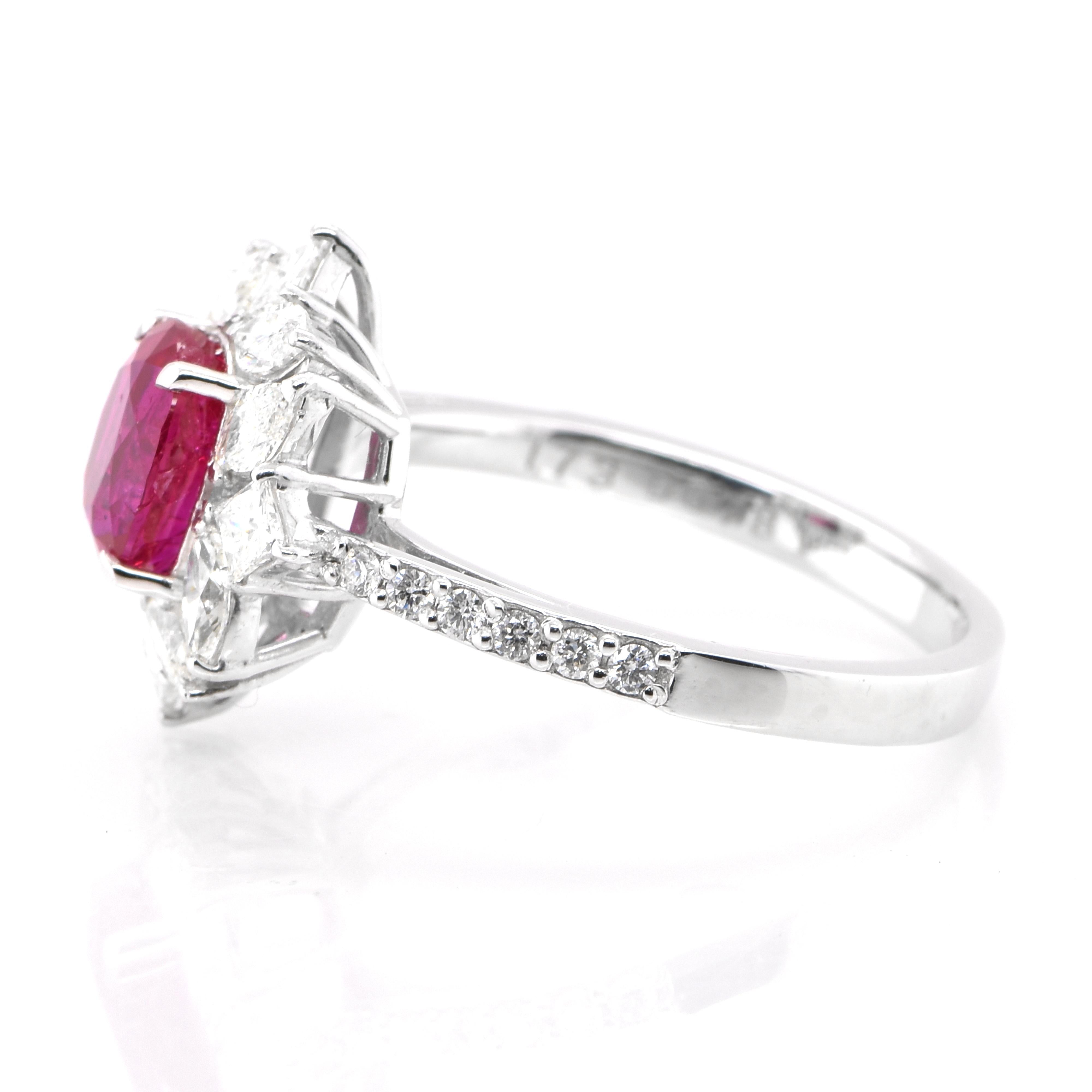 Oval Cut GIA Certified 1.73 Carat, Unheated, Burmese Ruby & Diamond Ring set in Platinum For Sale