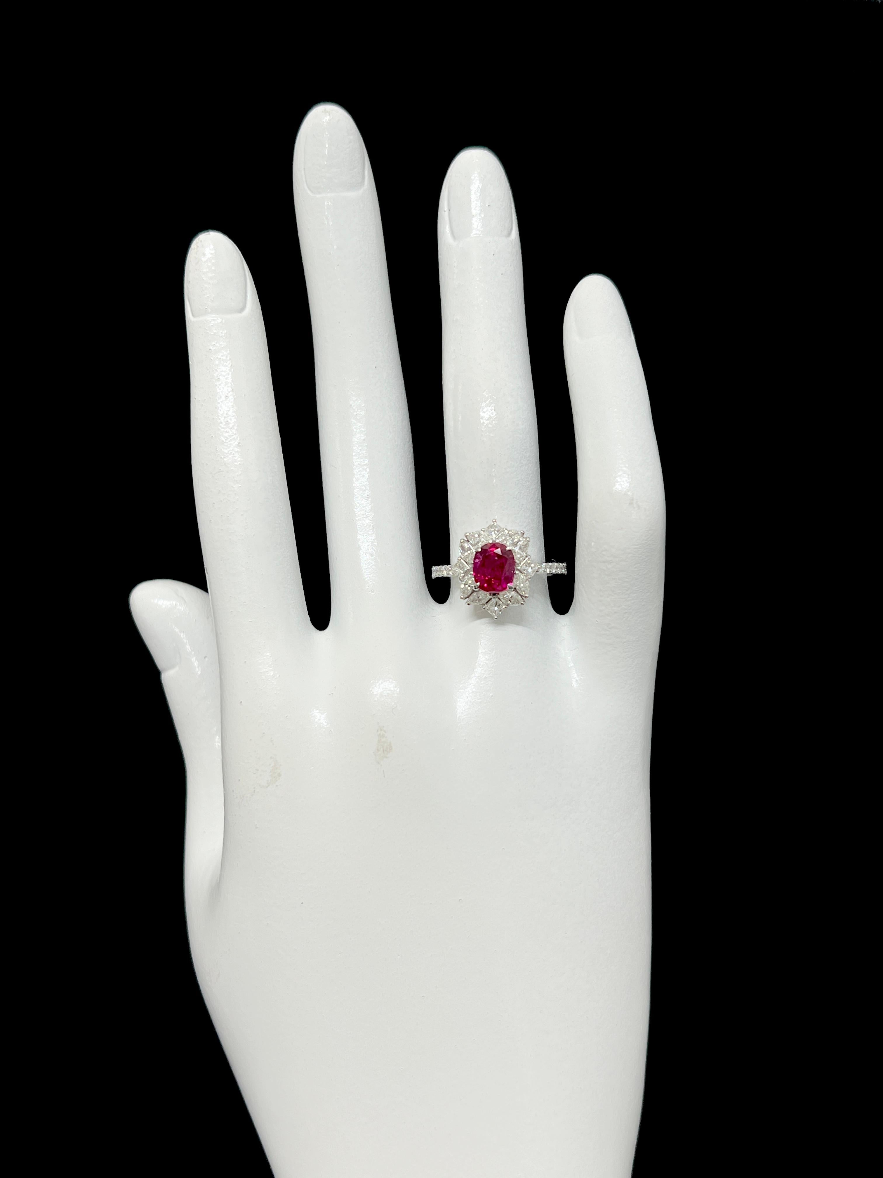 GIA Certified 1.73 Carat, Unheated, Burmese Ruby & Diamond Ring set in Platinum For Sale 1