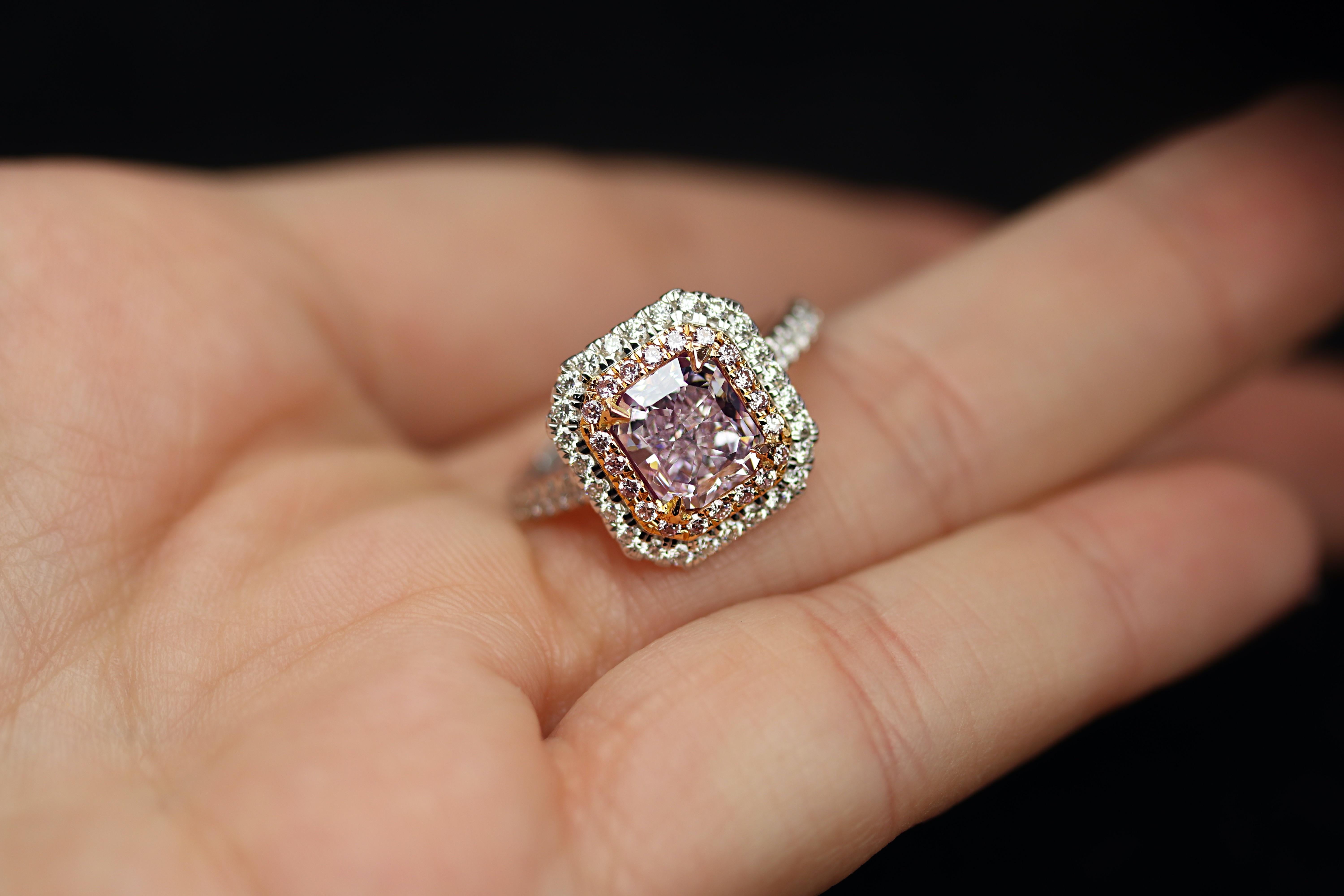 Radiant Cut GIA Certified 1.73 Carat Radiant Fancy Purplish Pink Diamond Ring