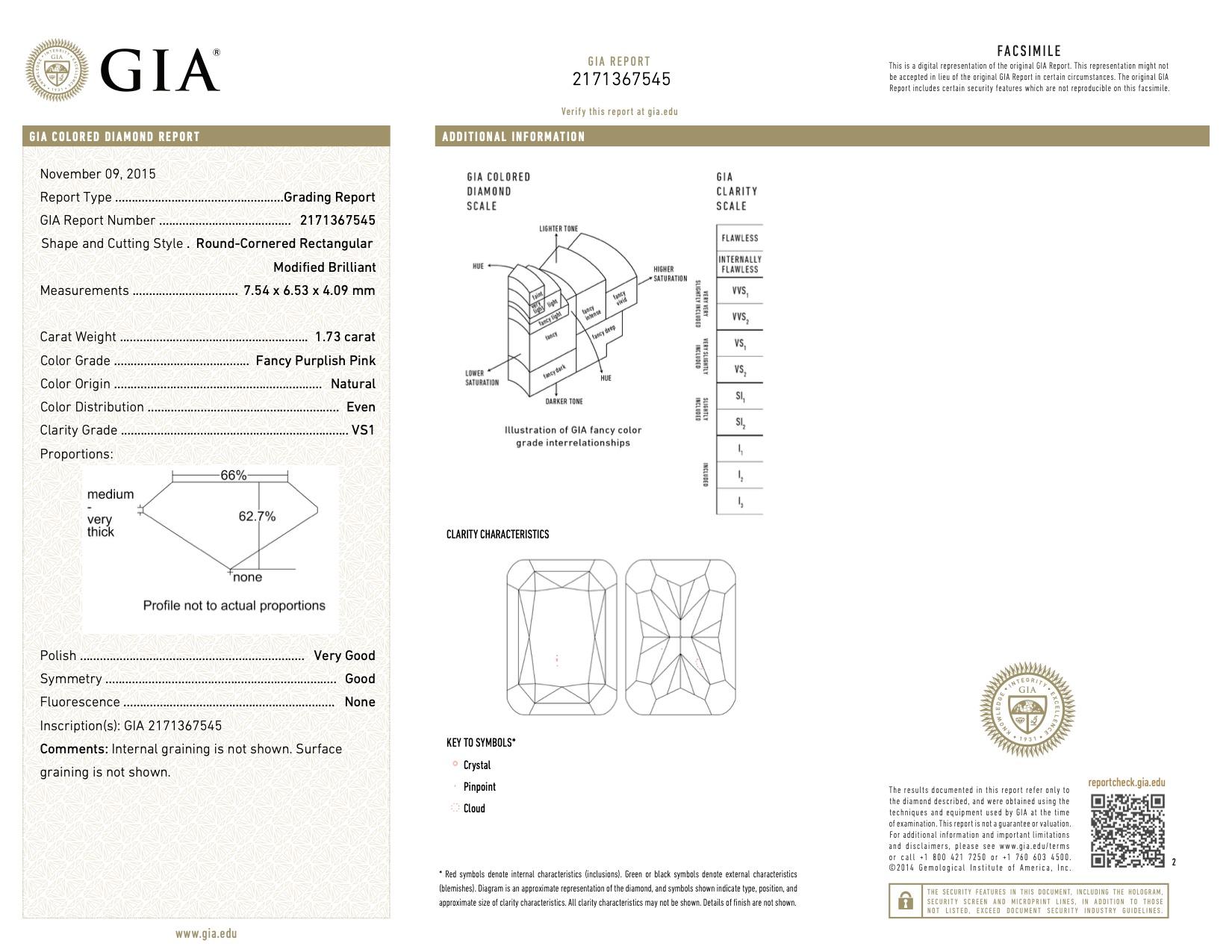 GIA Certified 1.73 Carat Radiant Fancy Purplish Pink Diamond Ring In New Condition In Calabasas, CA