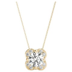 GIA Certified 1.73ct Round Diamond Clover Halo Yellow Gold Pendant Necklace