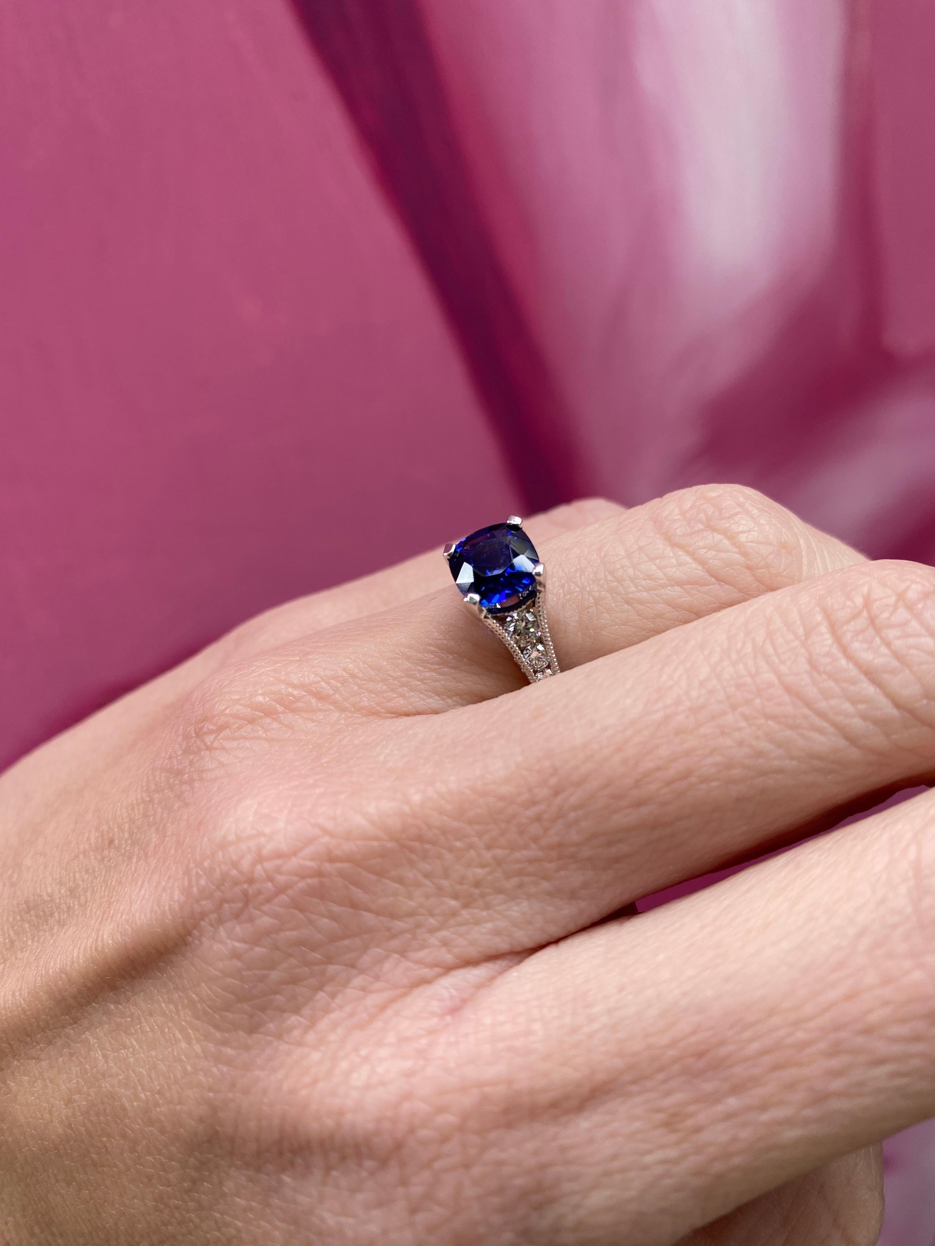 GIA Certified 1.74 Carat Cushion Cut Ceylon Sapphire & Diamond Ring For Sale 6