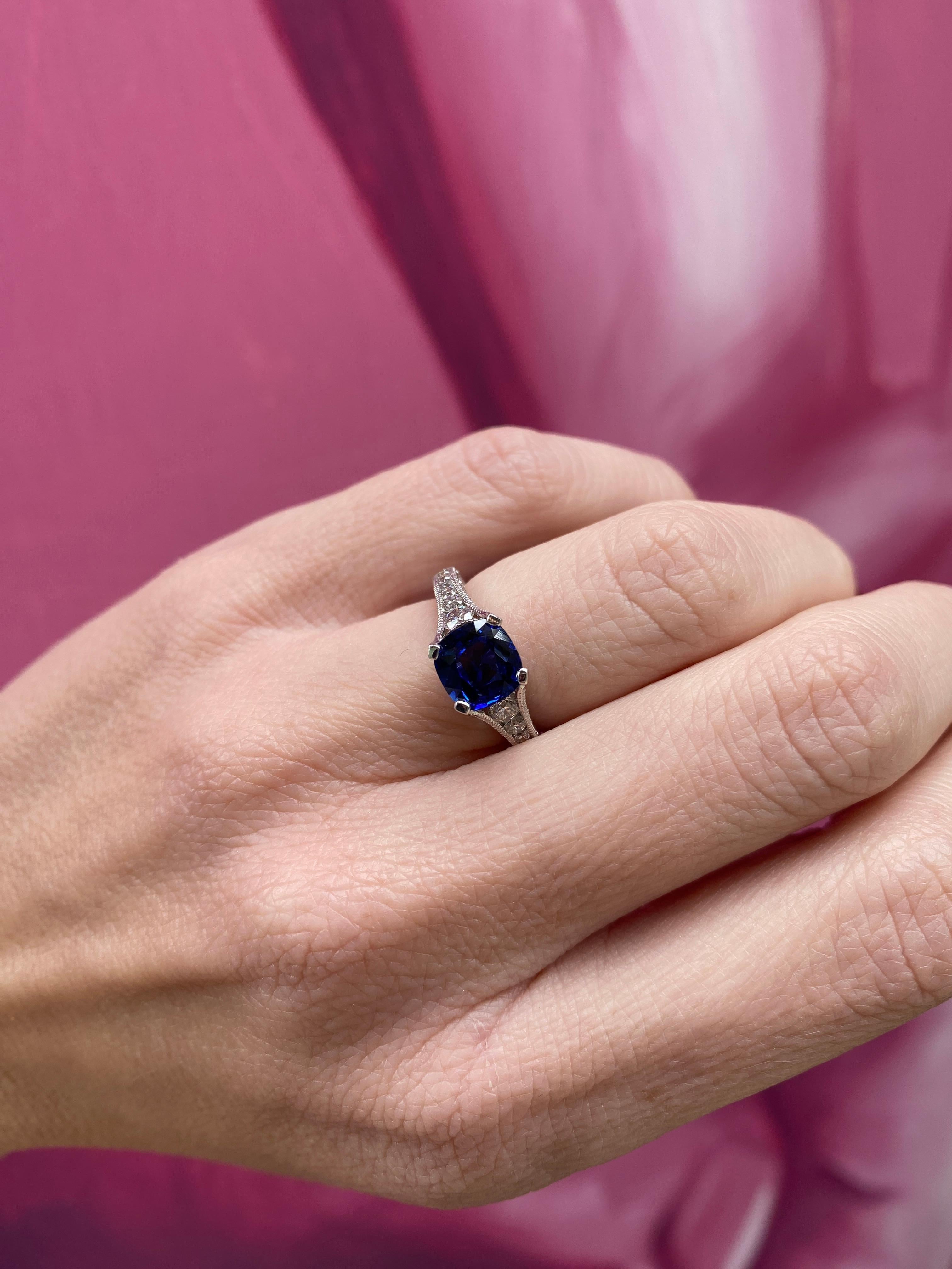 GIA Certified 1.74 Carat Cushion Cut Ceylon Sapphire & Diamond Ring For Sale 7