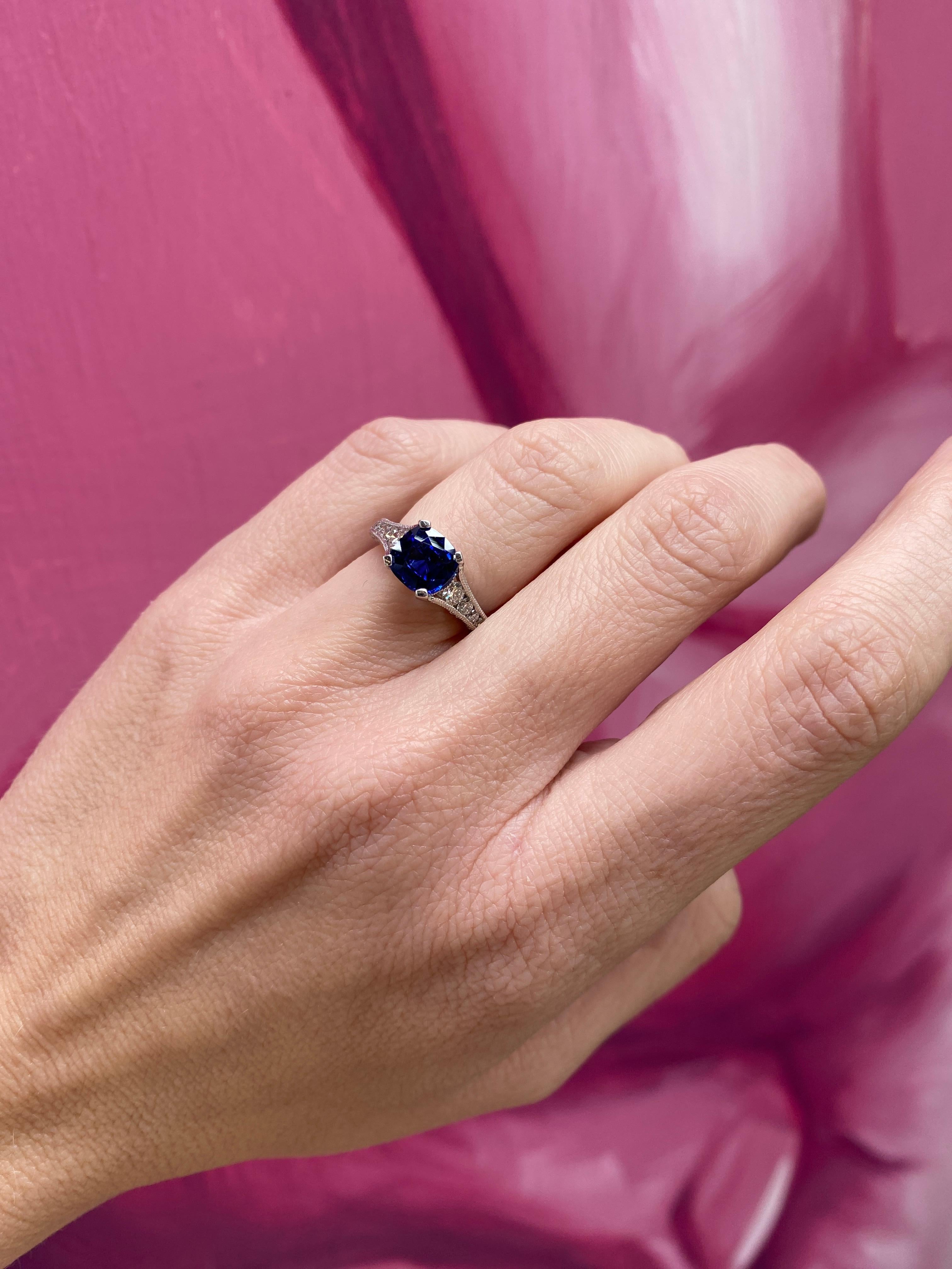 GIA Certified 1.74 Carat Cushion Cut Ceylon Sapphire & Diamond Ring For Sale 8