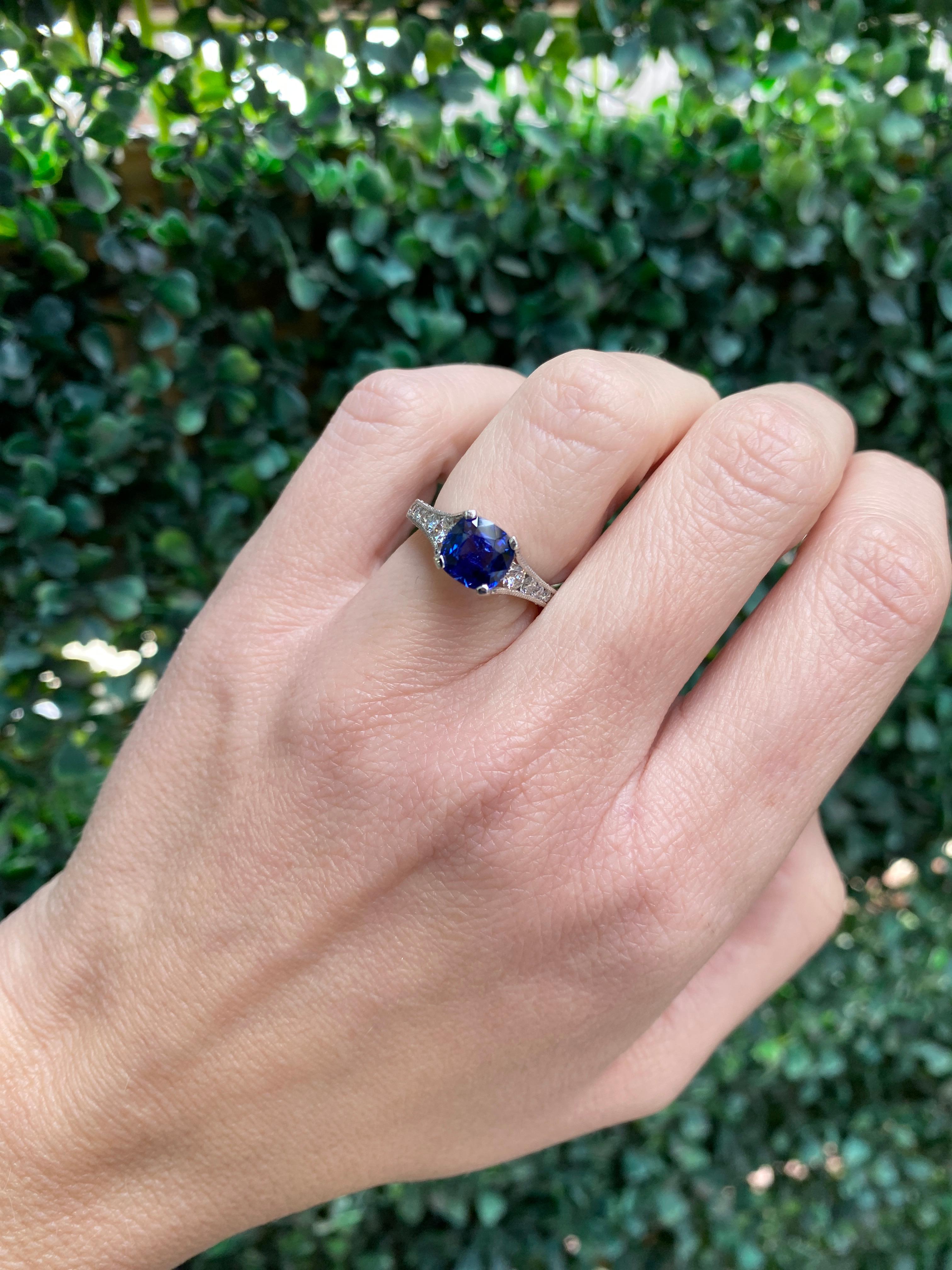 GIA Certified 1.74 Carat Cushion Cut Ceylon Sapphire & Diamond Ring For Sale 9