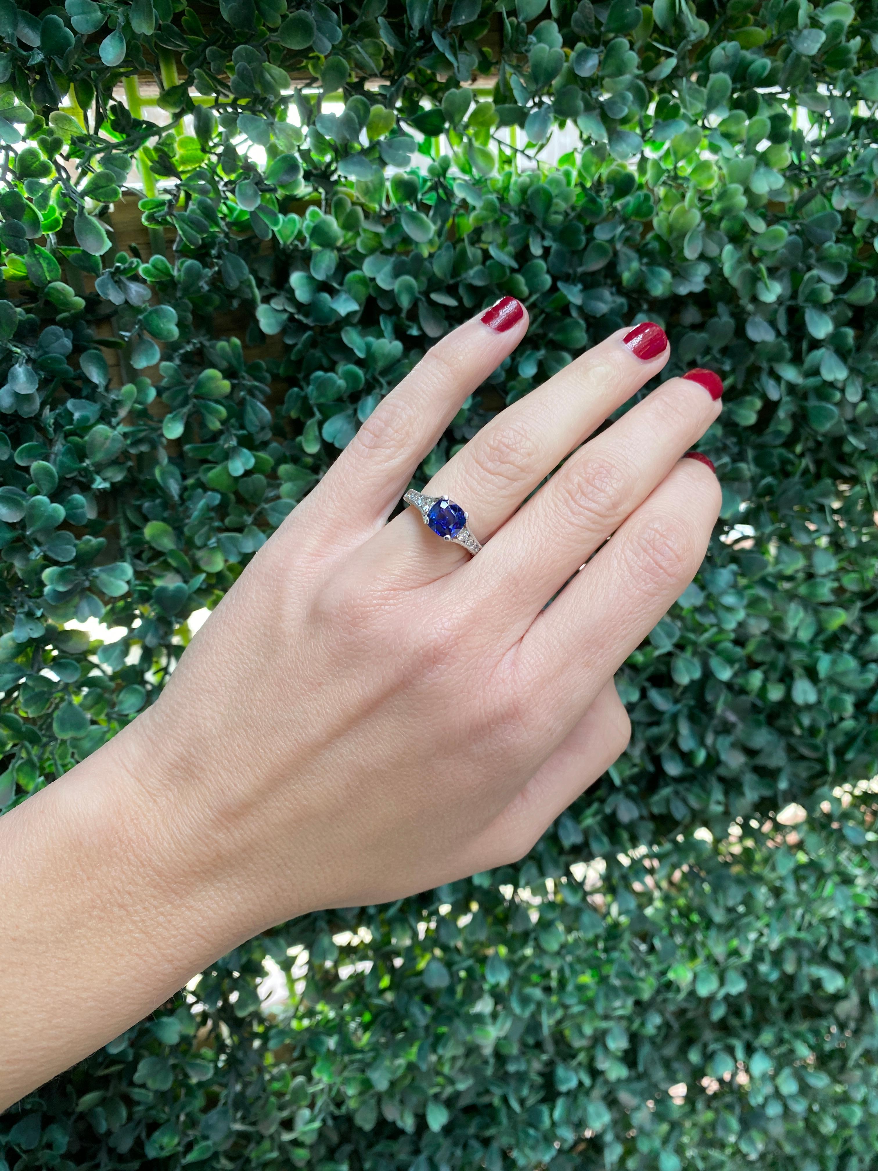 GIA Certified 1.74 Carat Cushion Cut Ceylon Sapphire & Diamond Ring For Sale 10