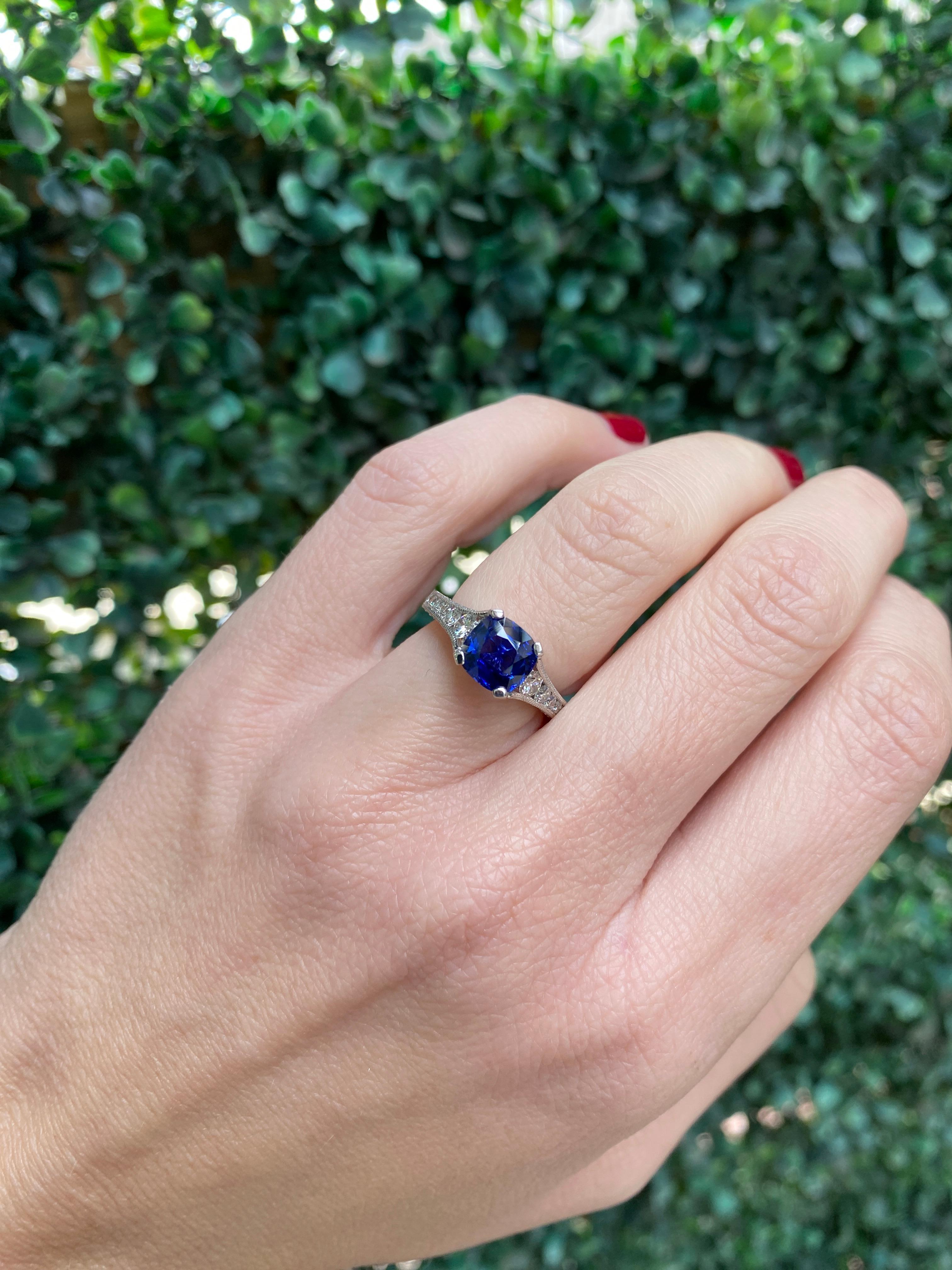 GIA Certified 1.74 Carat Cushion Cut Ceylon Sapphire & Diamond Ring For Sale 12