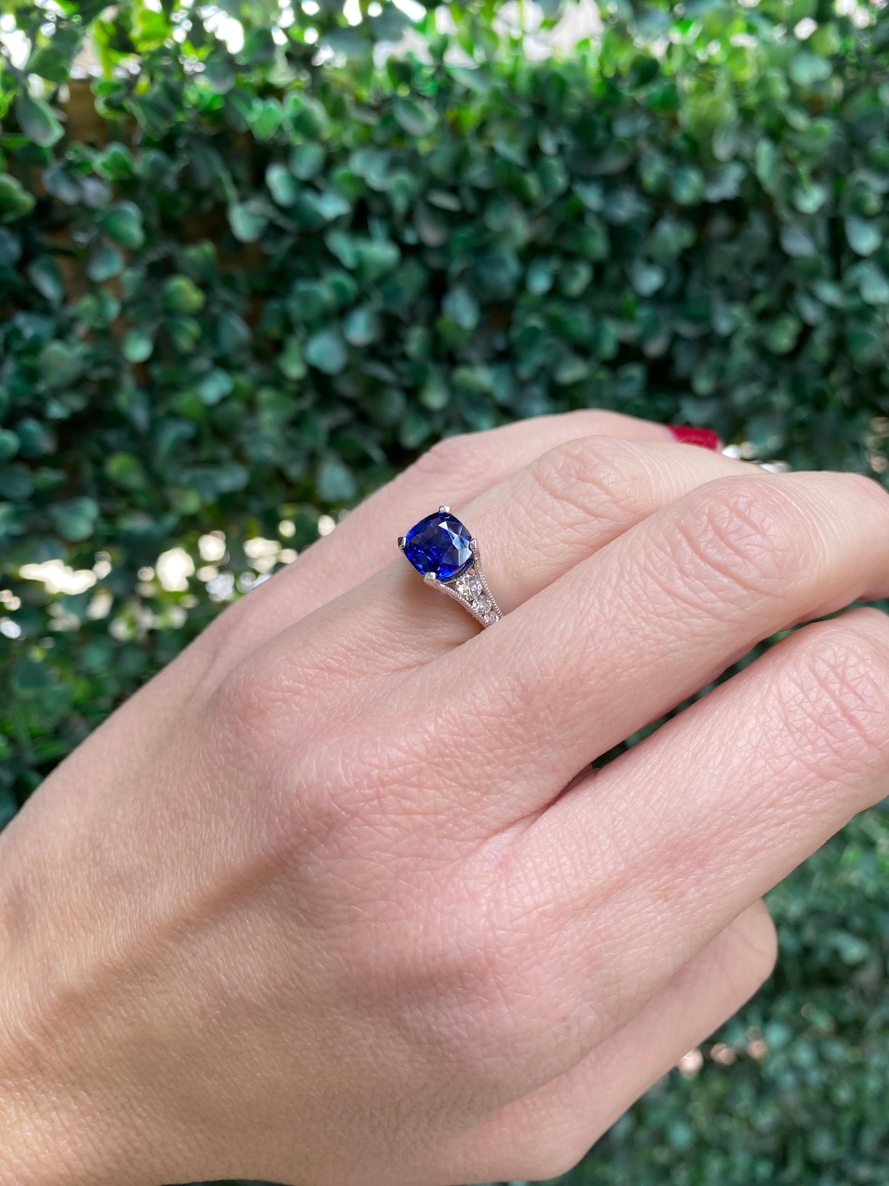 GIA Certified 1.74 Carat Cushion Cut Ceylon Sapphire & Diamond Ring For Sale 13