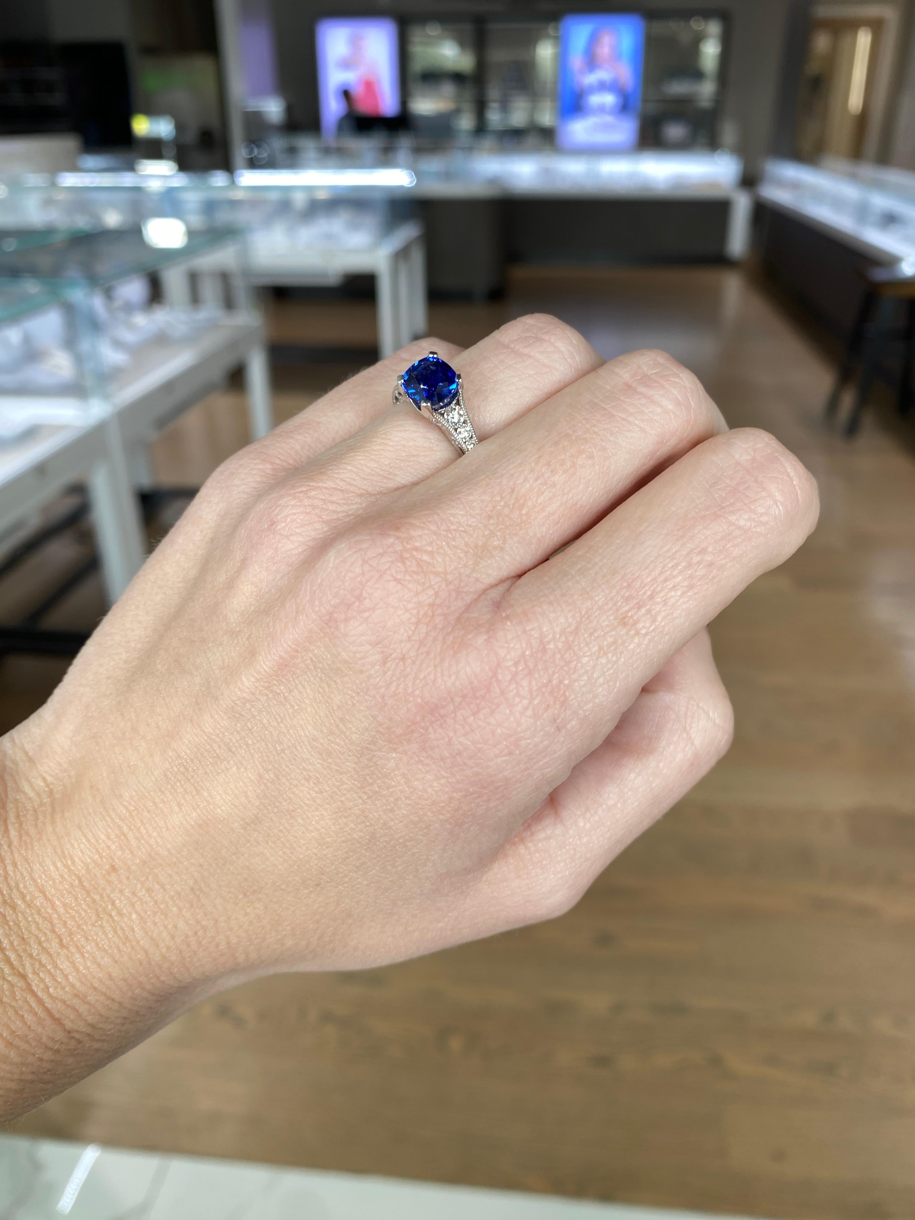 GIA Certified 1.74 Carat Cushion Cut Ceylon Sapphire & Diamond Ring For Sale 3