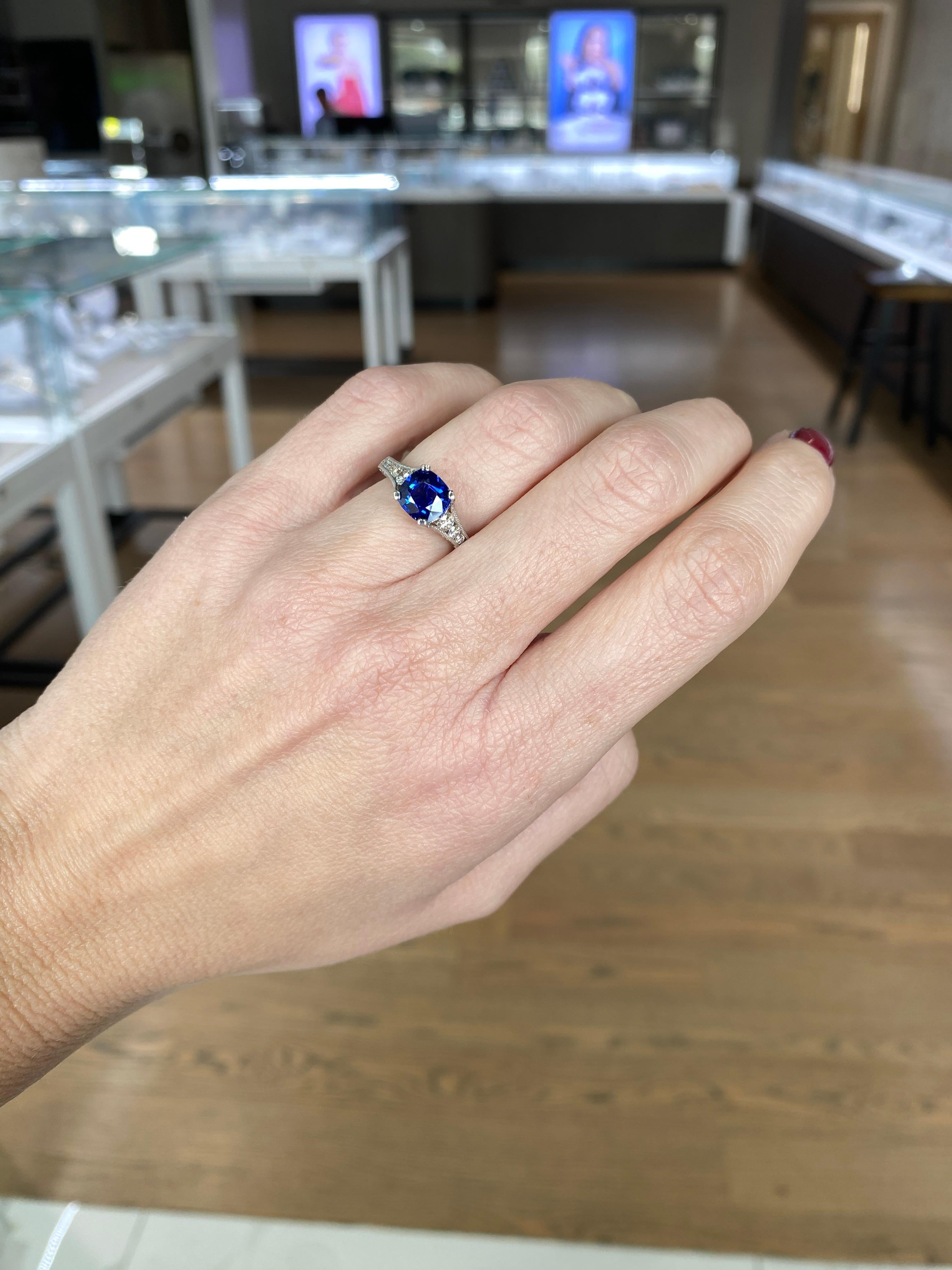 GIA Certified 1.74 Carat Cushion Cut Ceylon Sapphire & Diamond Ring For Sale 4