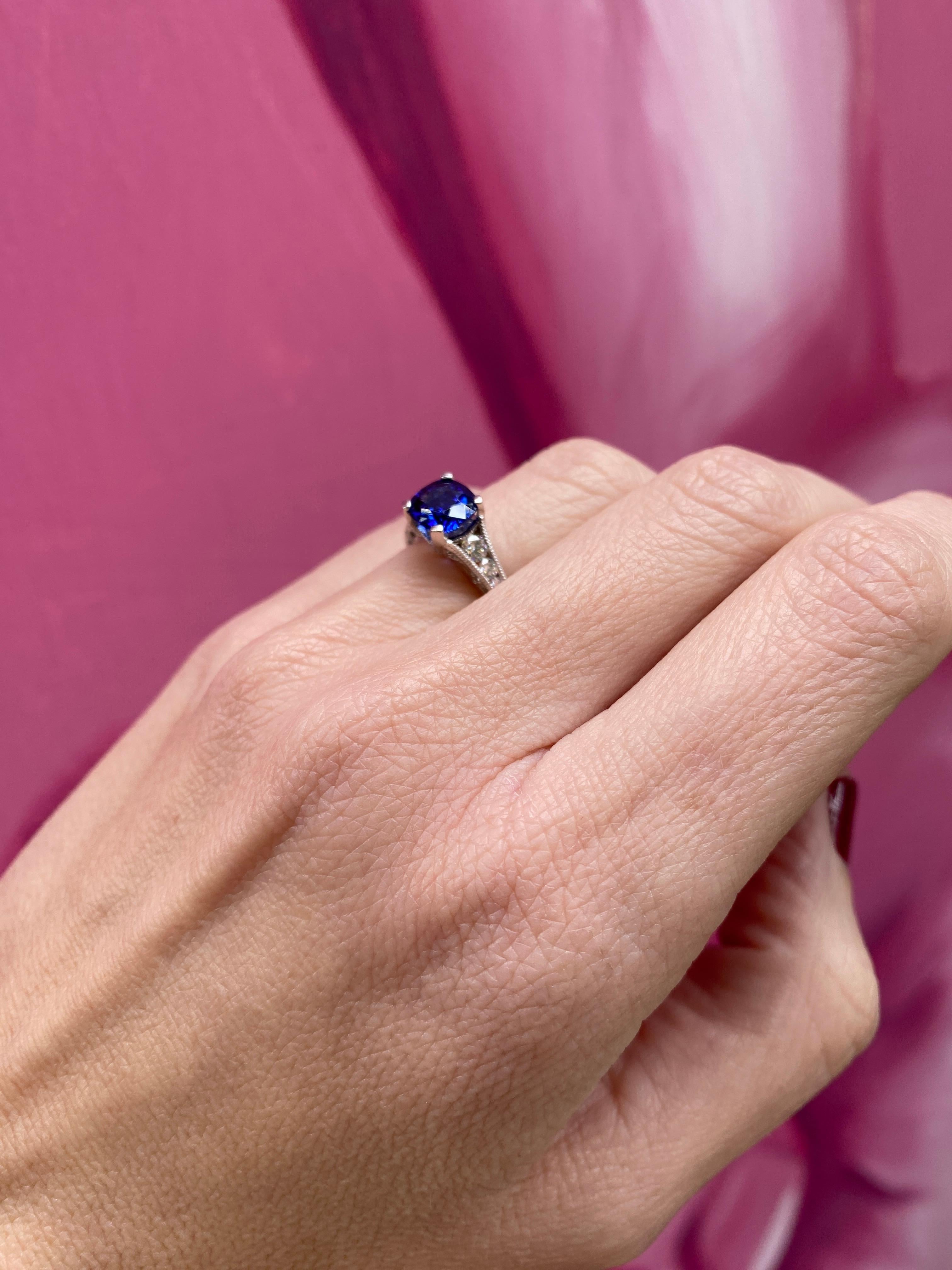 GIA Certified 1.74 Carat Cushion Cut Ceylon Sapphire & Diamond Ring For Sale 5