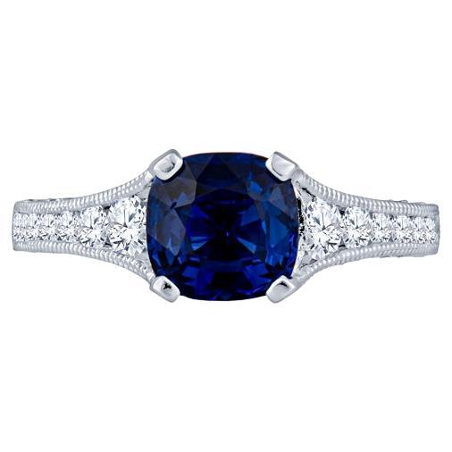 GIA Certified 1.74 Carat Cushion Cut Ceylon Sapphire & Diamond Ring