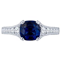 GIA Certified 1.74 Carat Cushion Cut Ceylon Sapphire & Diamond Ring