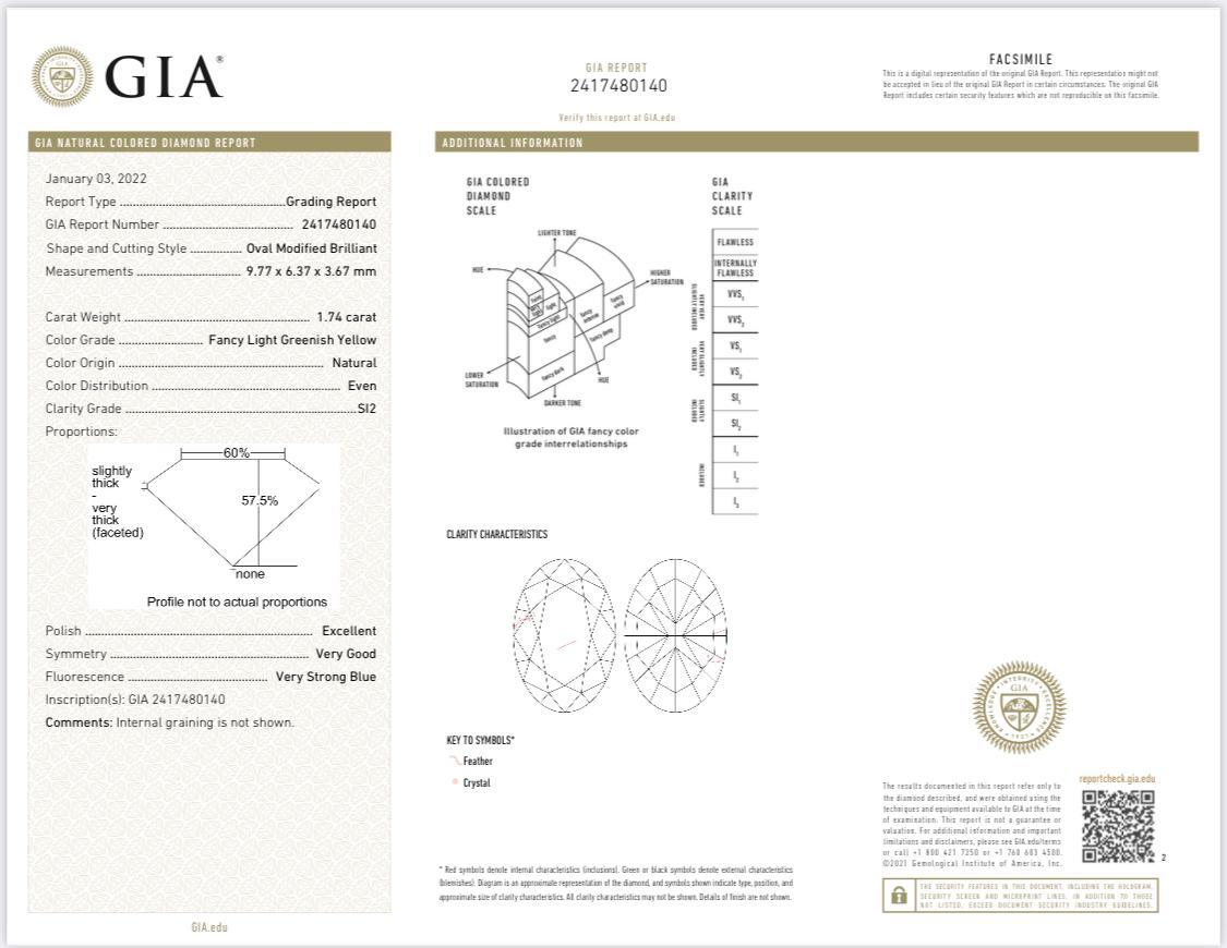 GIA Certified 1.74 Carat Fancy Light Greenish Yellow SI2 Clarity Diamond Ring 3