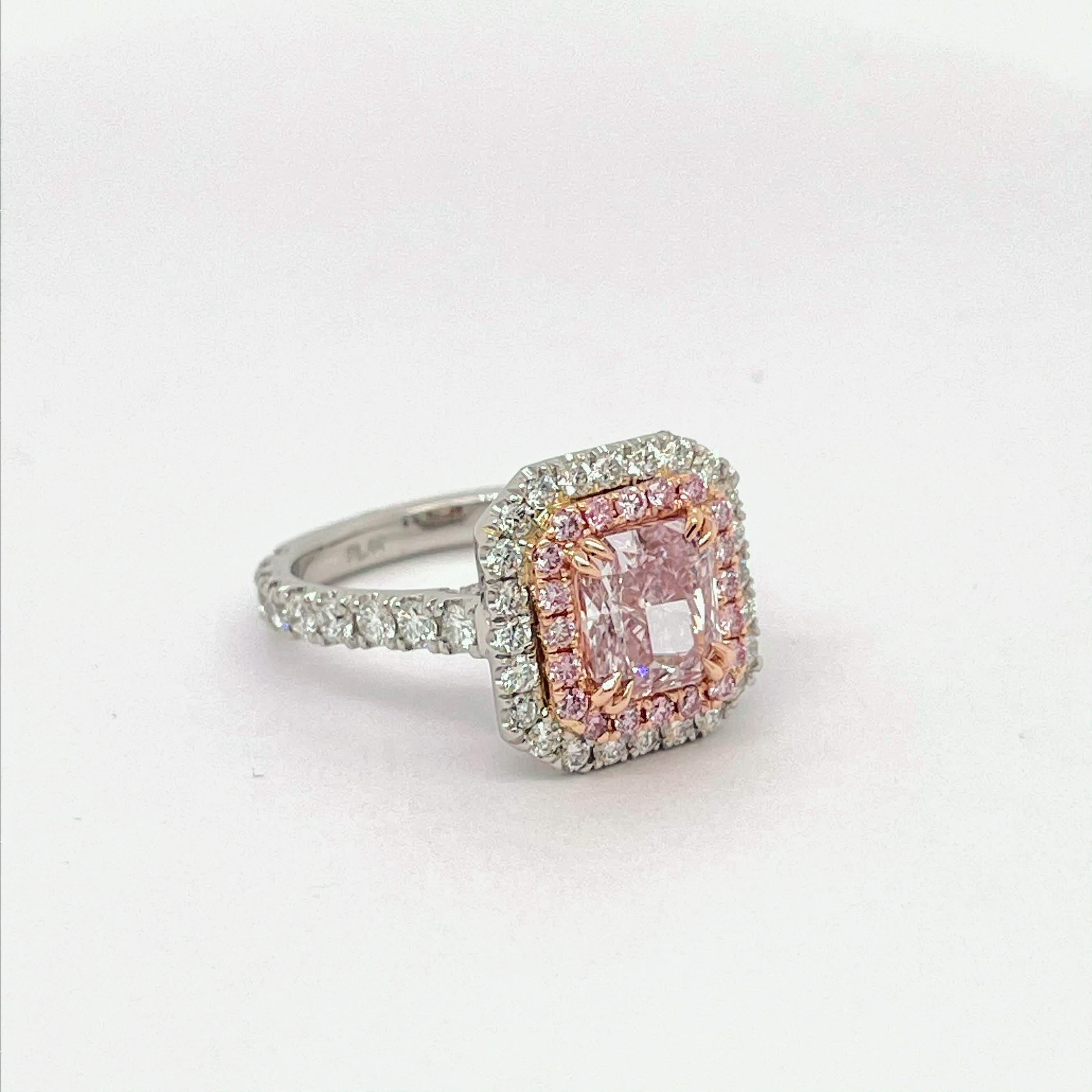 Radiant Cut GIA Certified 1.74 Carat Fancy Purplish Pink Diamond Ring For Sale