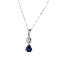 GIA Certified 1.74 Carat Pear Sapphire Diamond Platinum Pendant Necklace