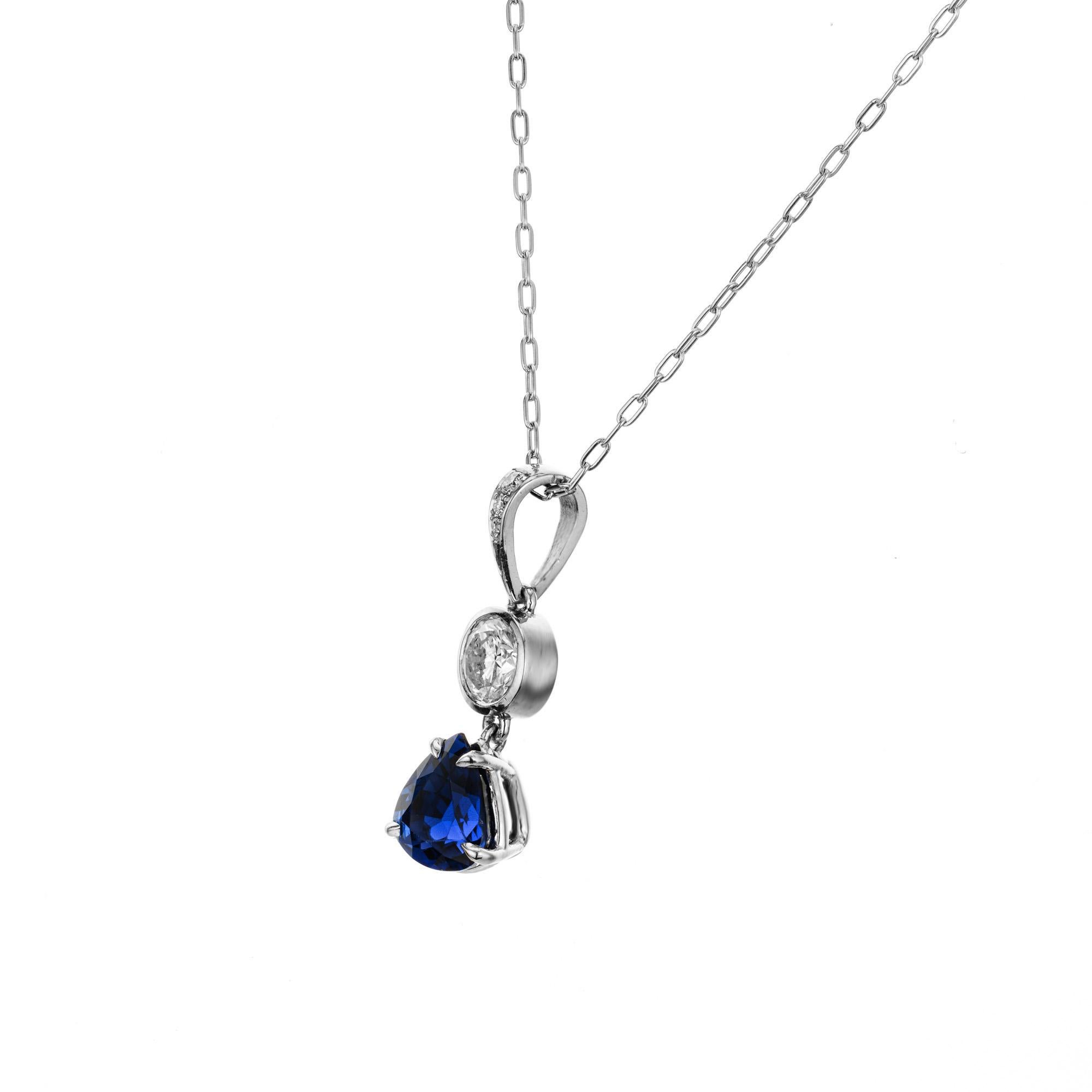 Pear Cut GIA Certified 1.74 Carat Pear Sapphire Diamond Platinum Pendant Necklace For Sale