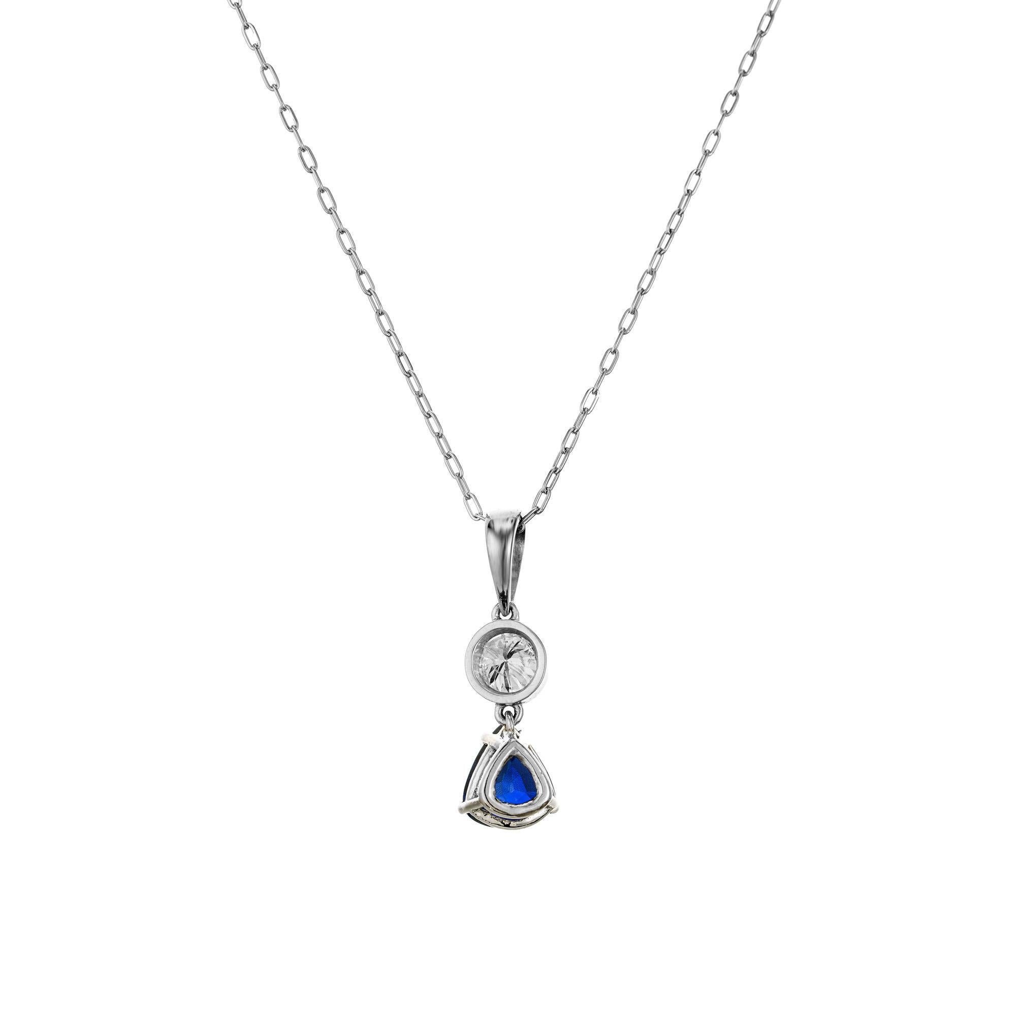 Women's GIA Certified 1.74 Carat Pear Sapphire Diamond Platinum Pendant Necklace For Sale