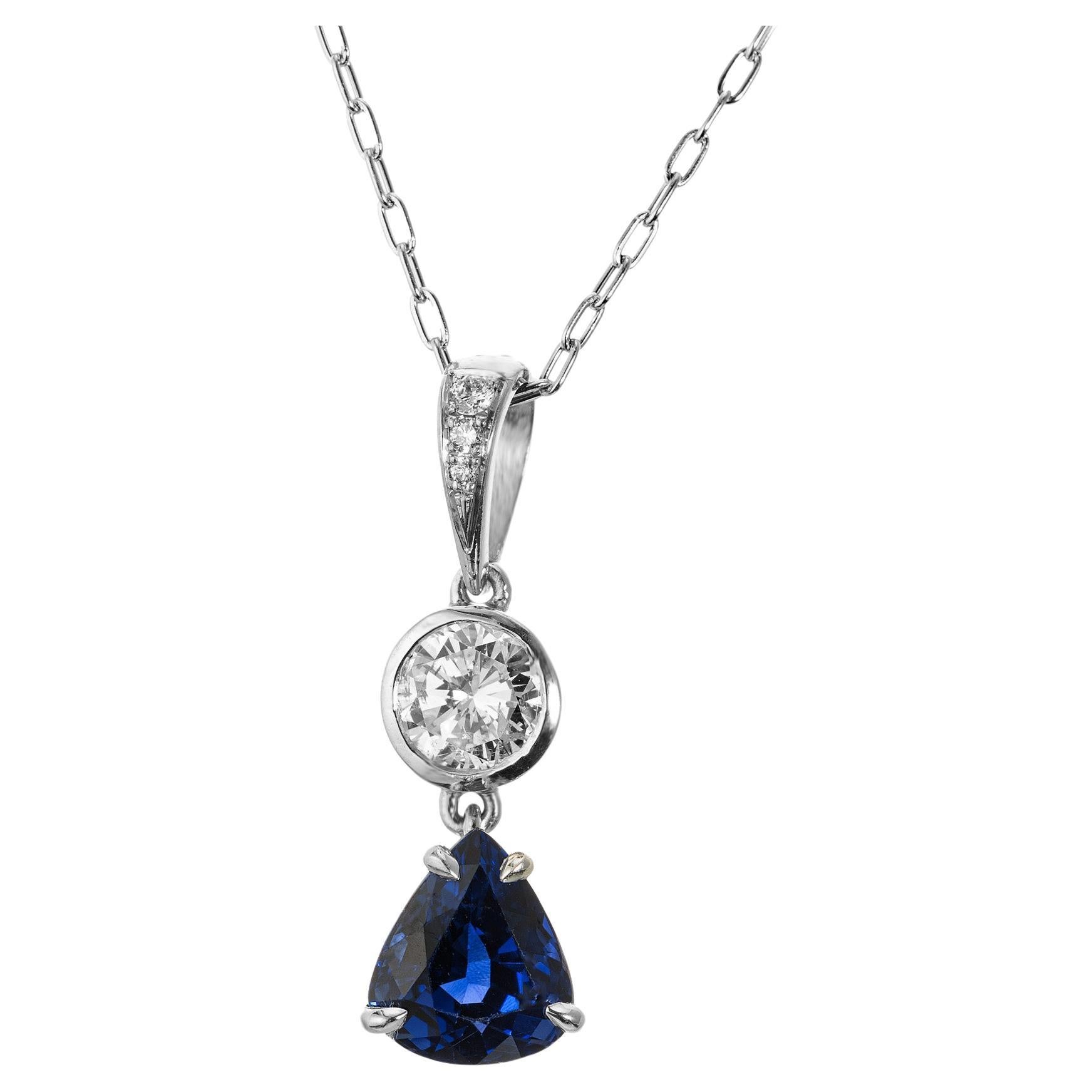 GIA Certified 1.74 Carat Pear Sapphire Diamond Platinum Pendant Necklace For Sale